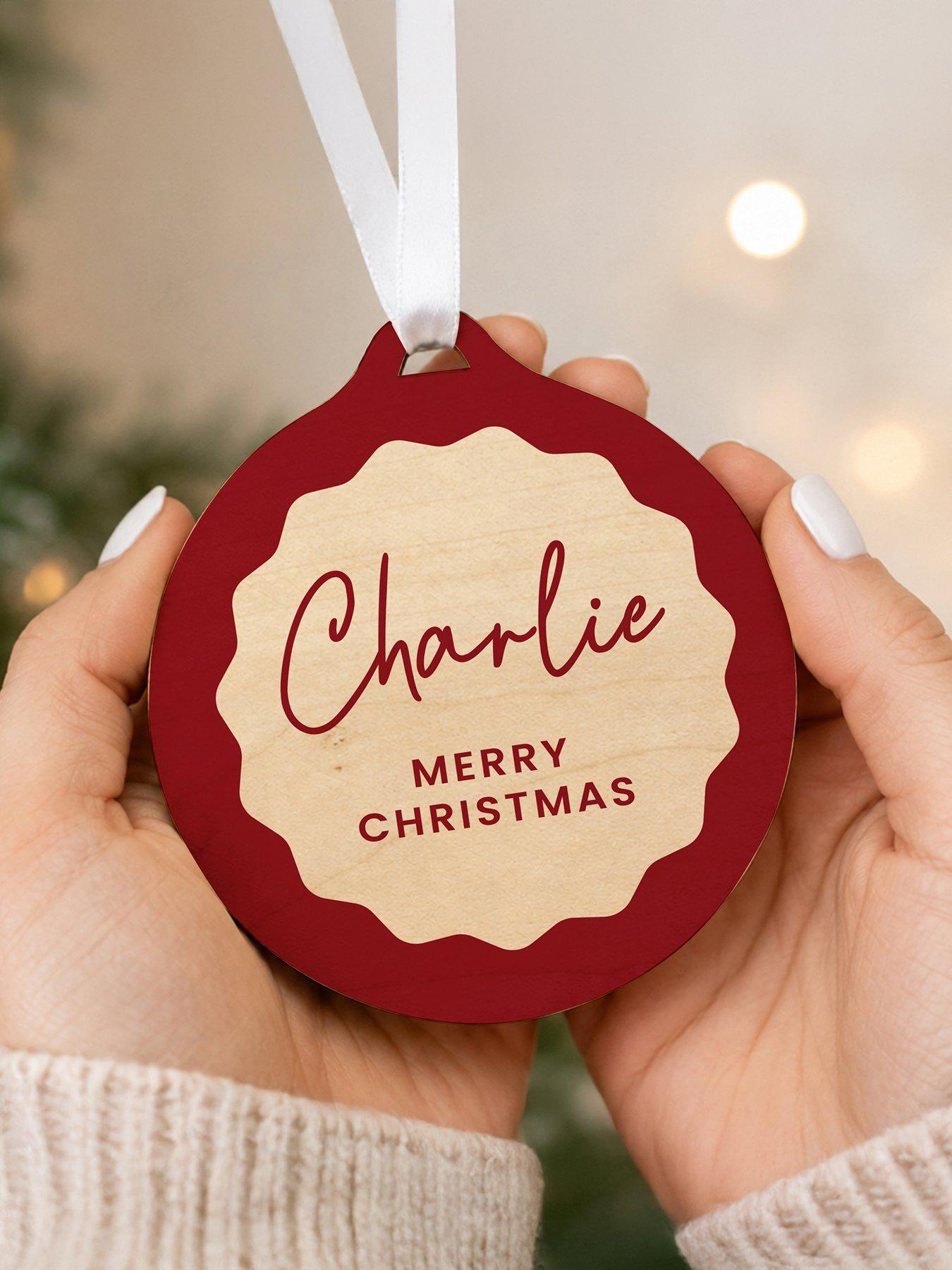 Image 2 of 3 of The Personalised Memento Company Personalised Red Scallop Wooden Tree Decoration