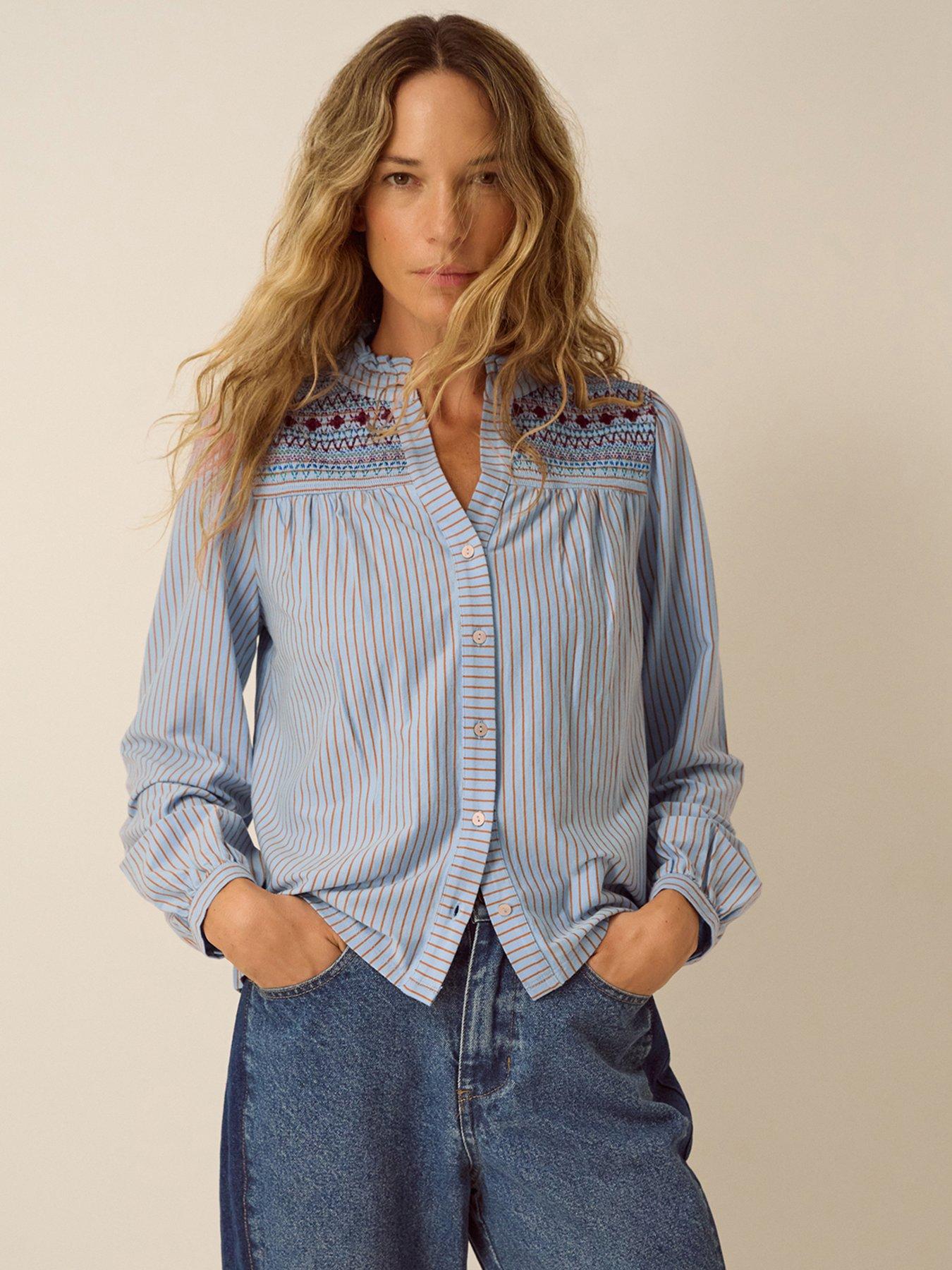 Image 1 of 5 of Monsoon Womens Embroidered Yoke Striped Jersey Shirt - Blue