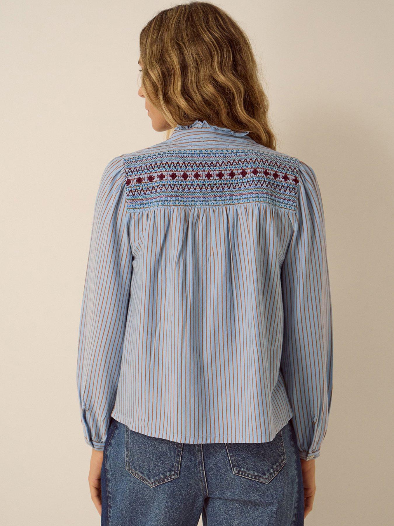 Image 2 of 5 of Monsoon Womens Embroidered Yoke Striped Jersey Shirt - Blue