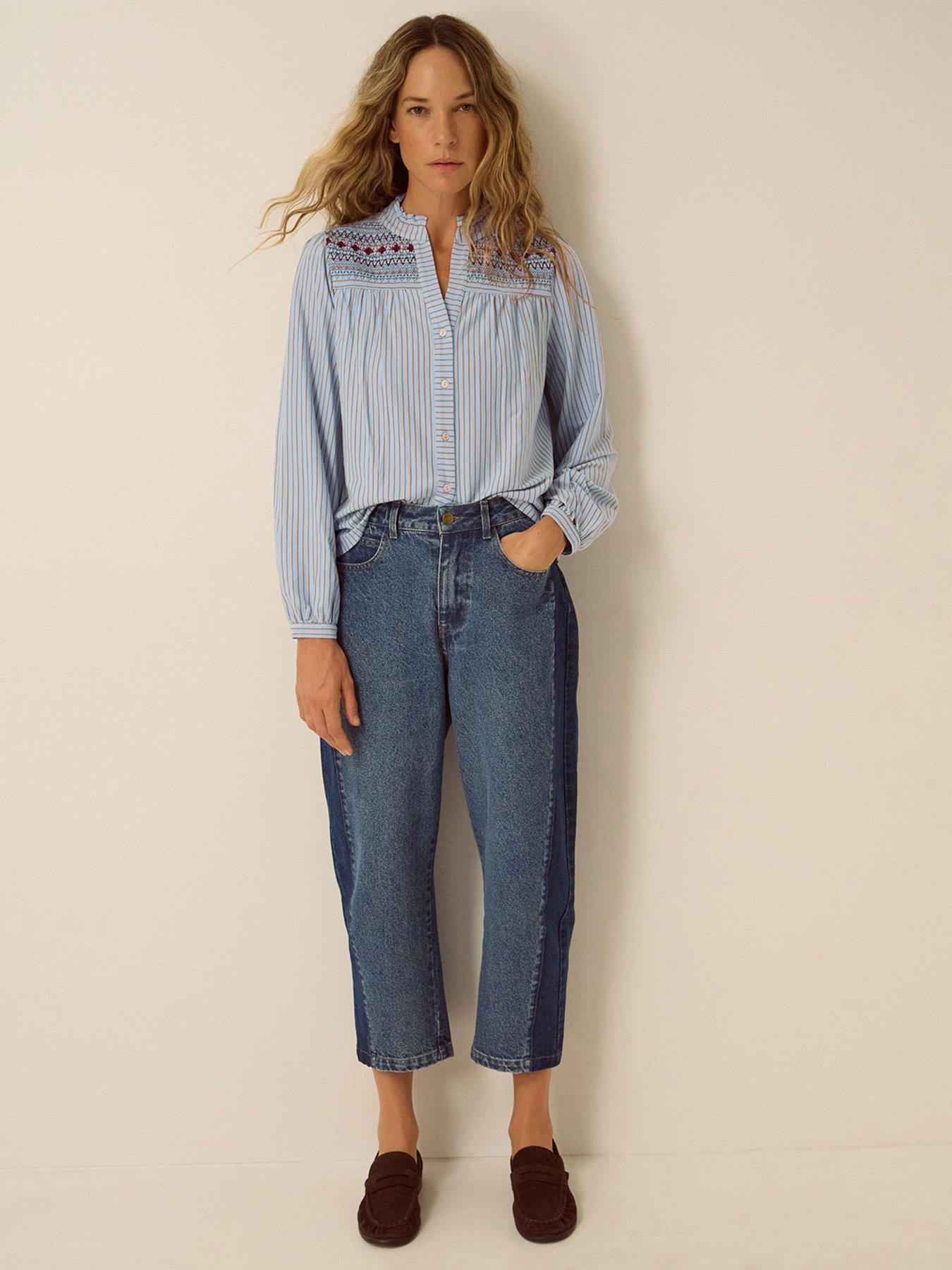 Image 3 of 5 of Monsoon Womens Embroidered Yoke Striped Jersey Shirt - Blue