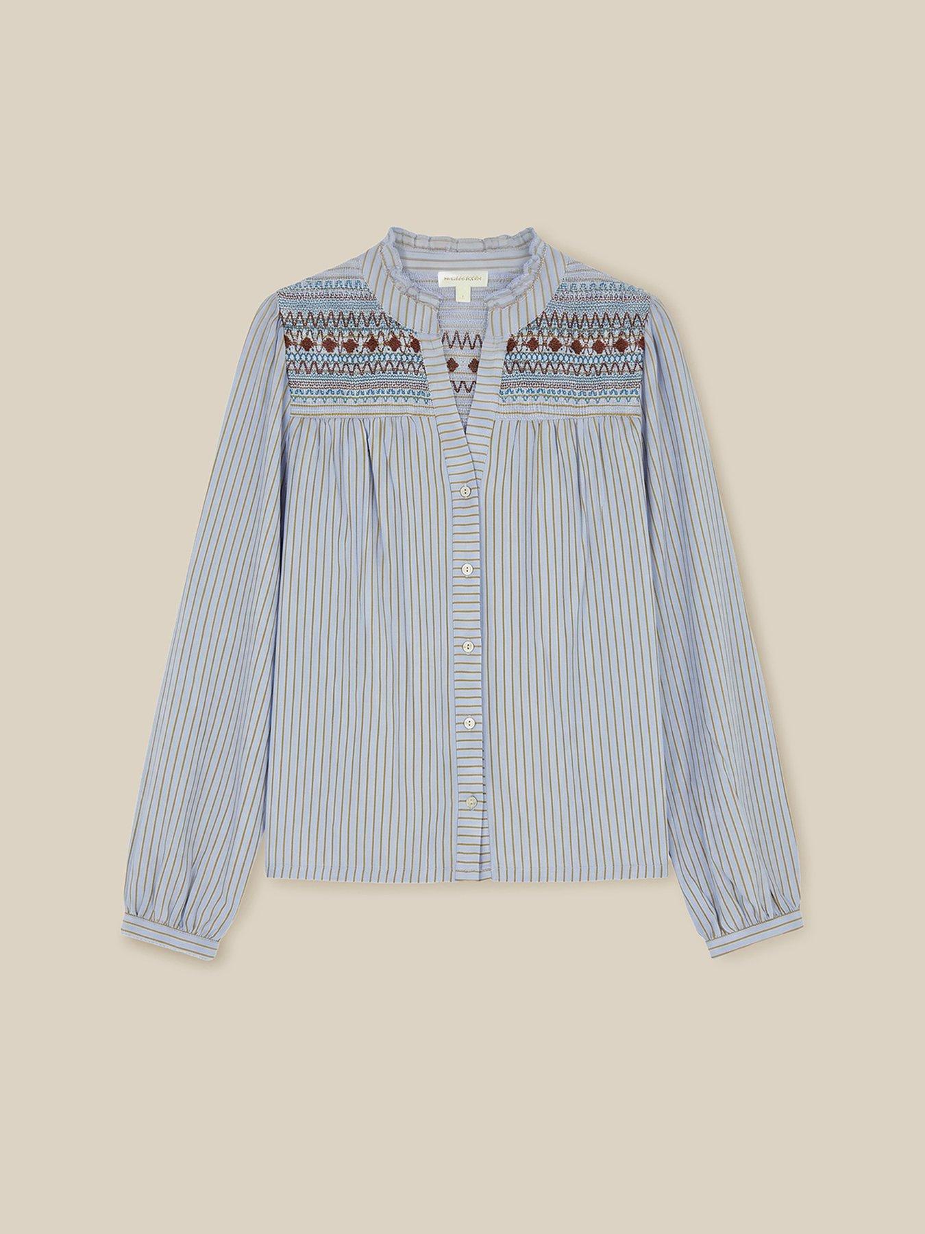 Image 5 of 5 of Monsoon Womens Embroidered Yoke Striped Jersey Shirt - Blue