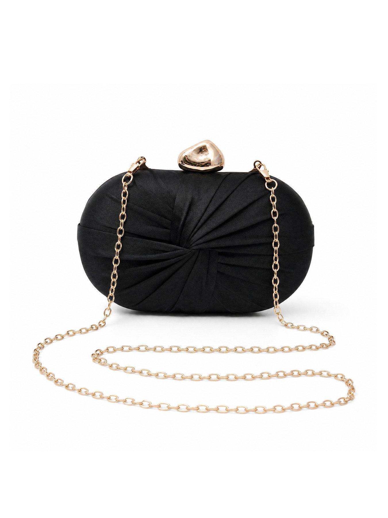 Image 1 of 5 of Glamorous Satin Clutch Bag with Ruched Detail and Chain Shoulder Strap - Black