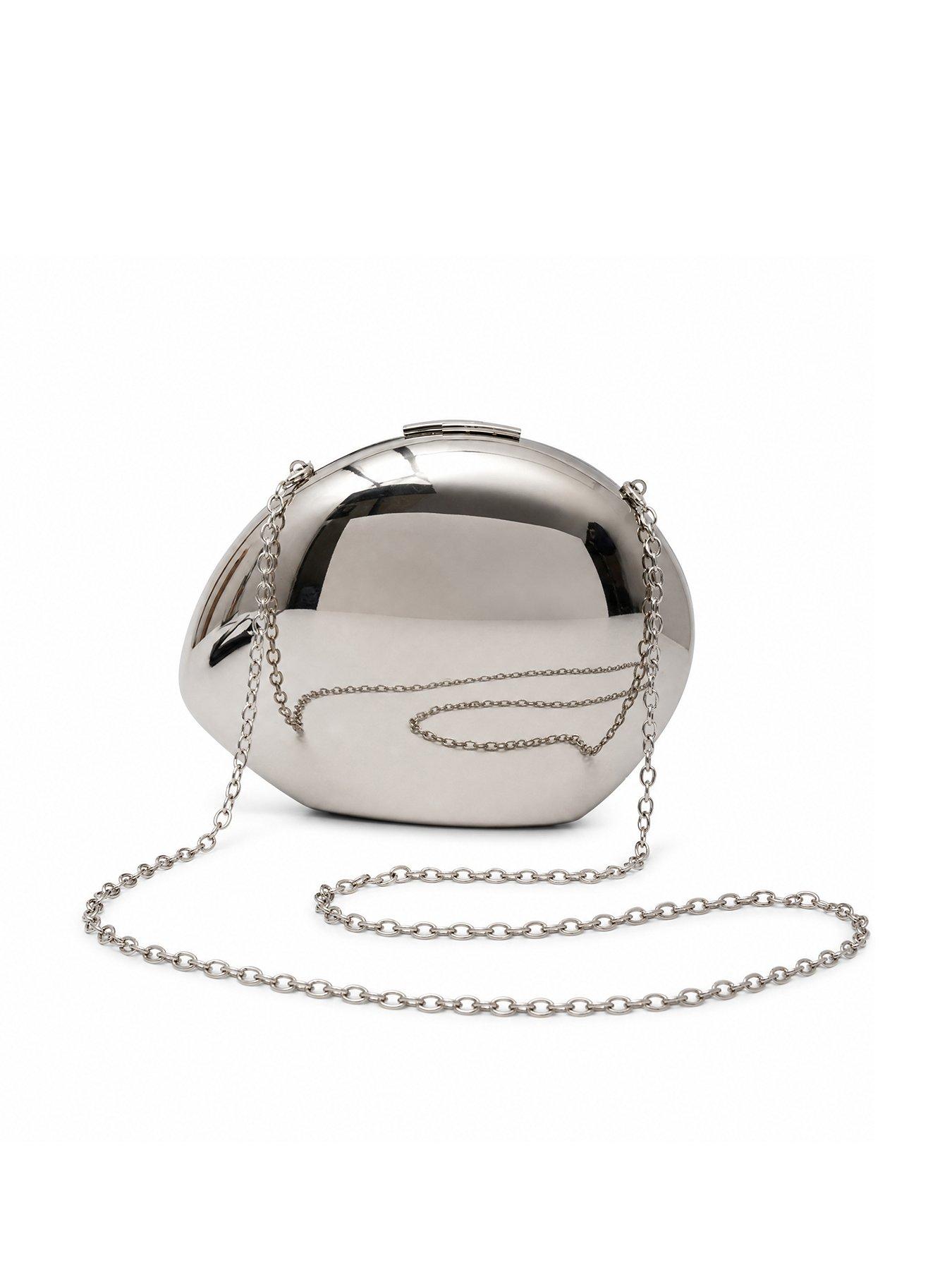 Image 1 of 4 of Glamorous Hard Shell Metallic Clutch Bag with Chain Shoulder Strap - Silver