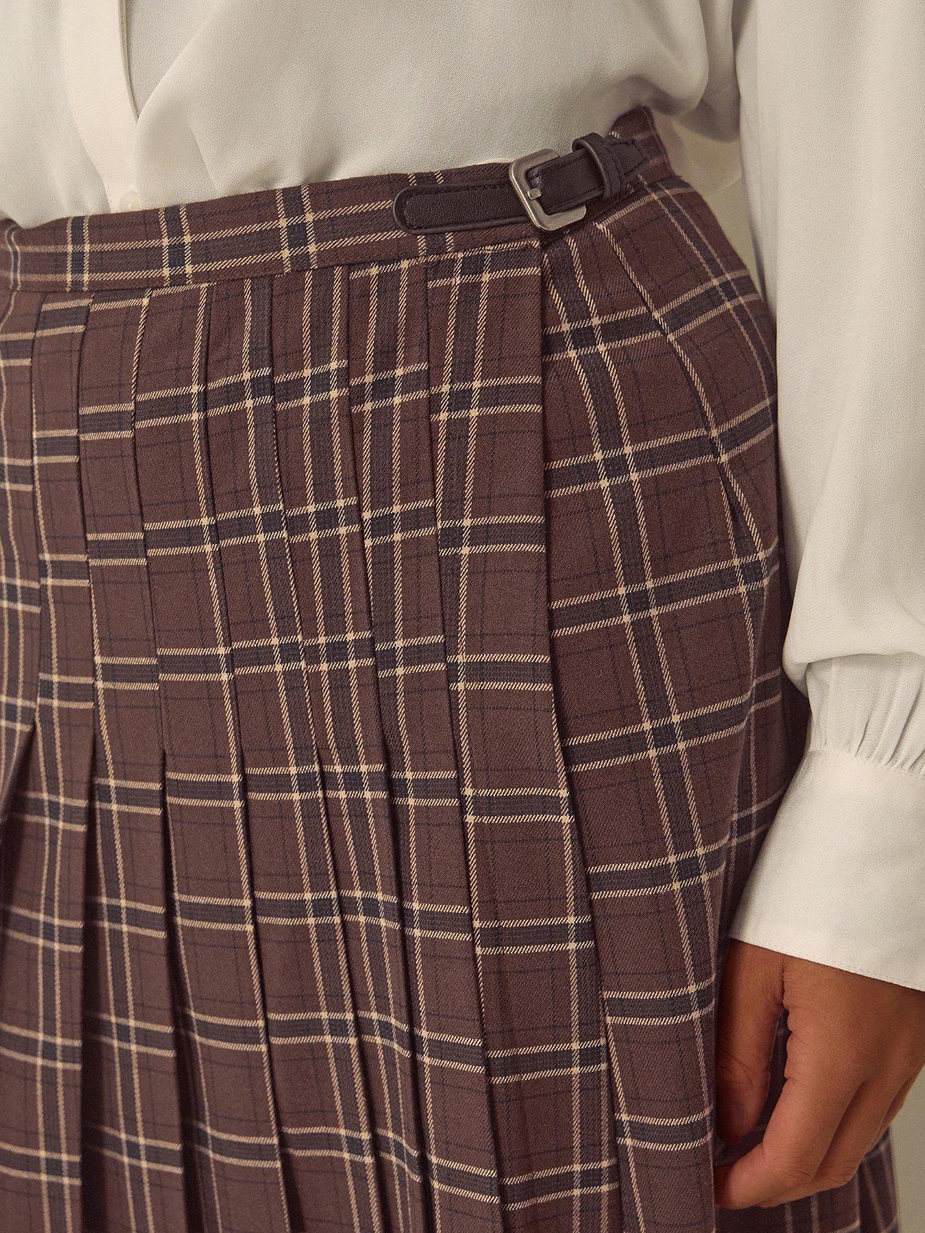 Image 5 of 6 of Monsoon Womens Gracie Check Pleated Buckle Waist Skirt - Brown