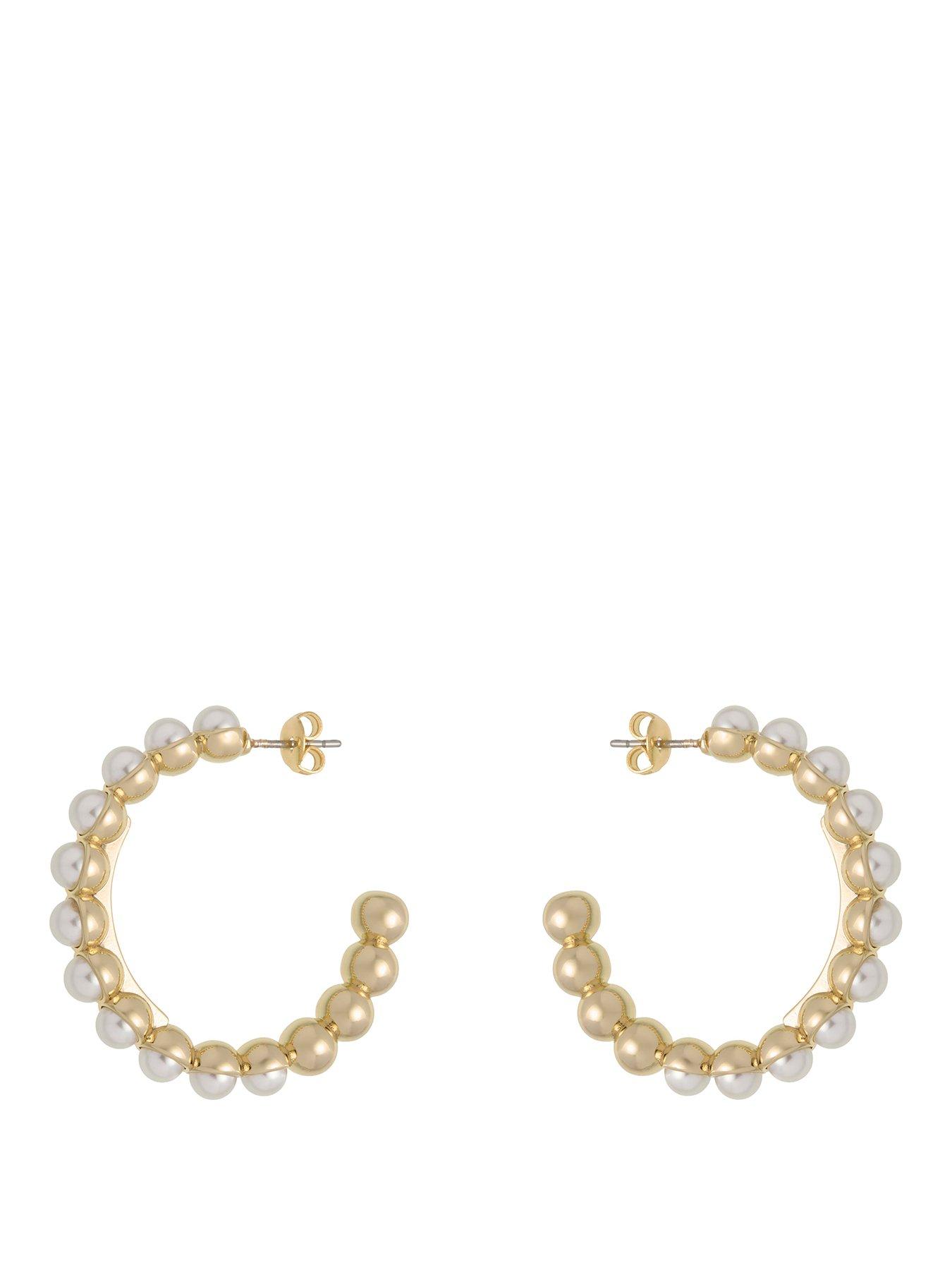 Image 1 of 7 of Karen Millen Logo Pearl Hoop Earrings