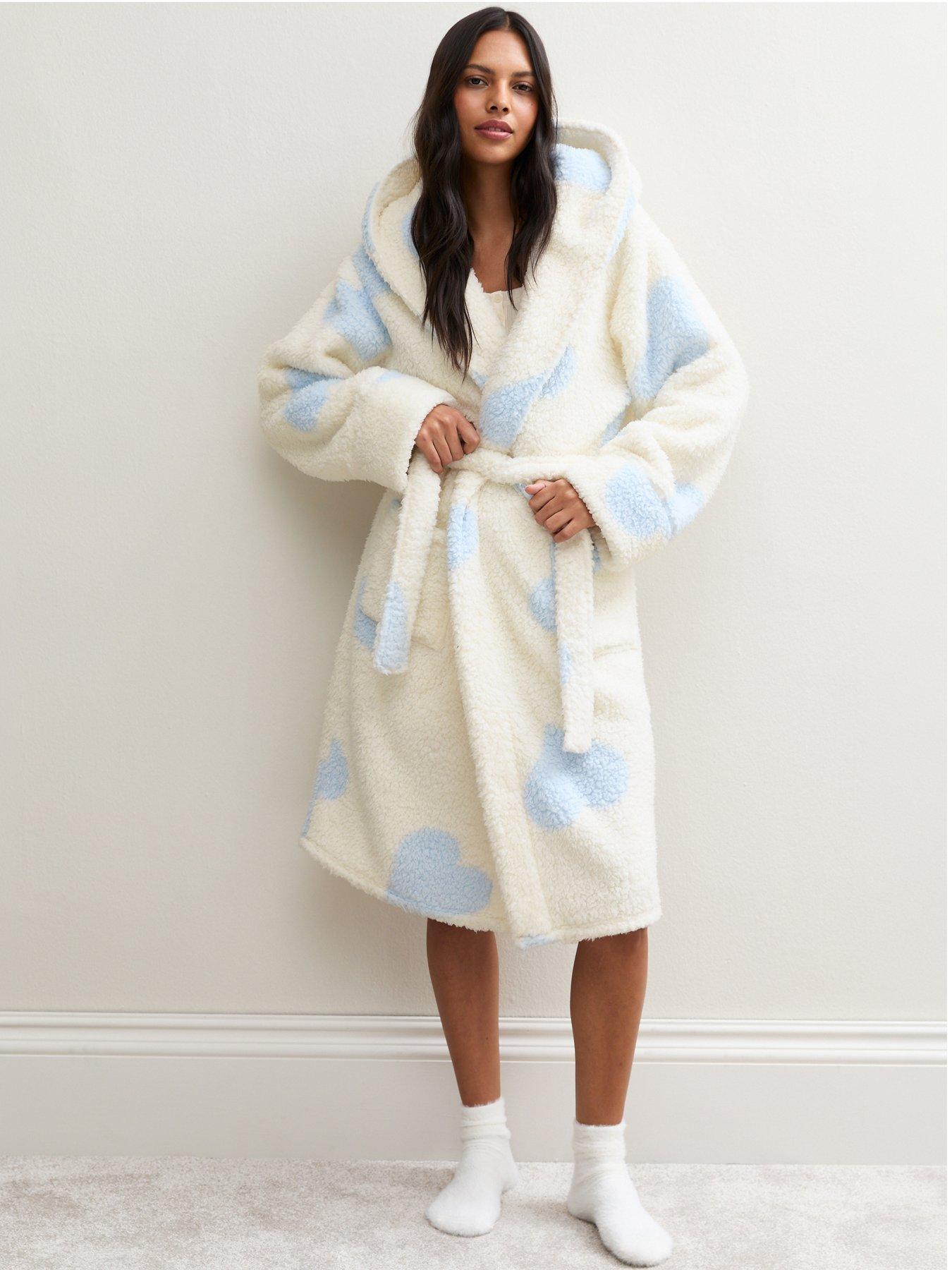 Image 1 of 5 of New Look Womens Heart Double Borg Hooded Dressing Gown - Blue