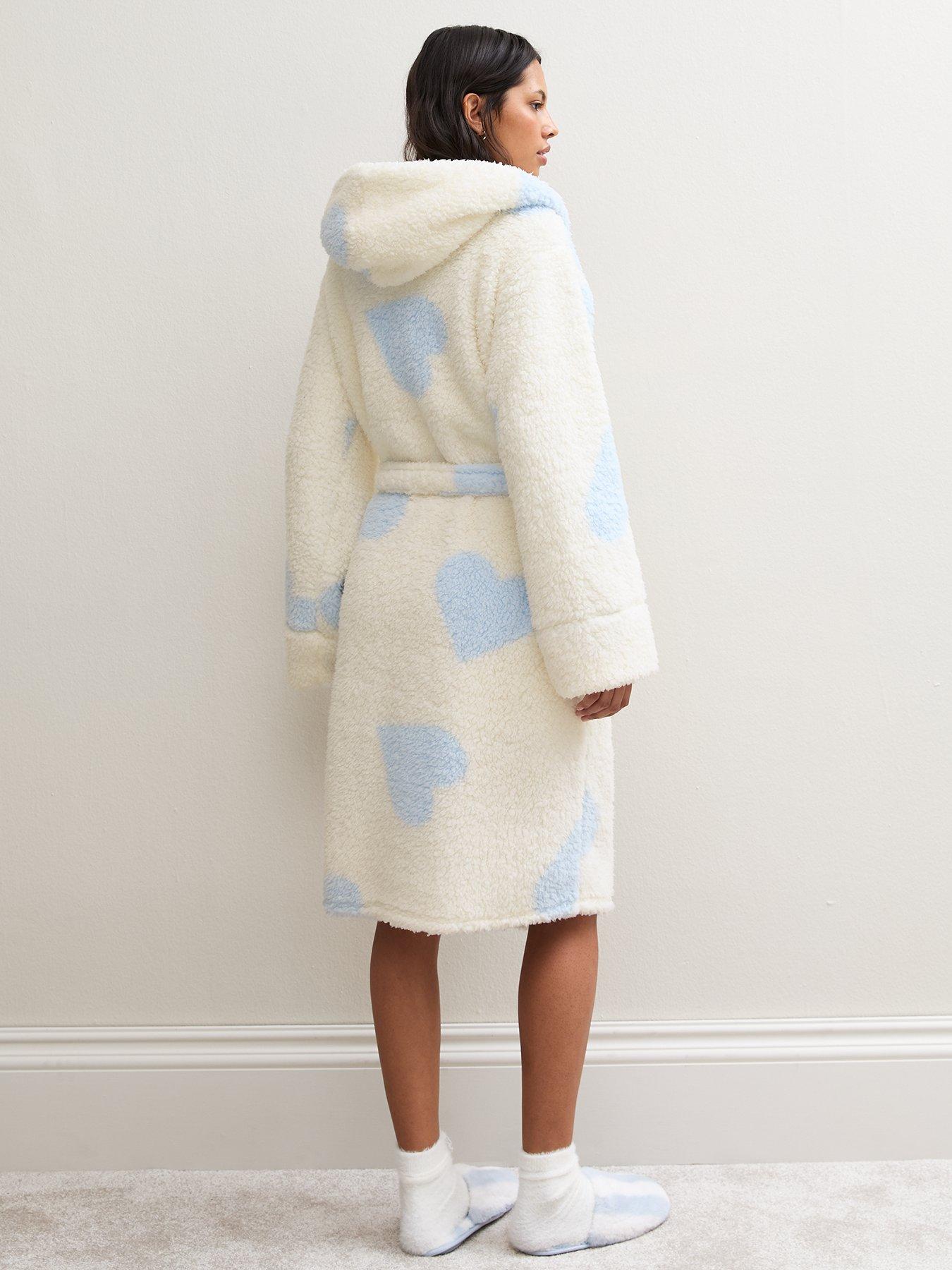 Image 2 of 5 of New Look Womens Heart Double Borg Hooded Dressing Gown - Blue