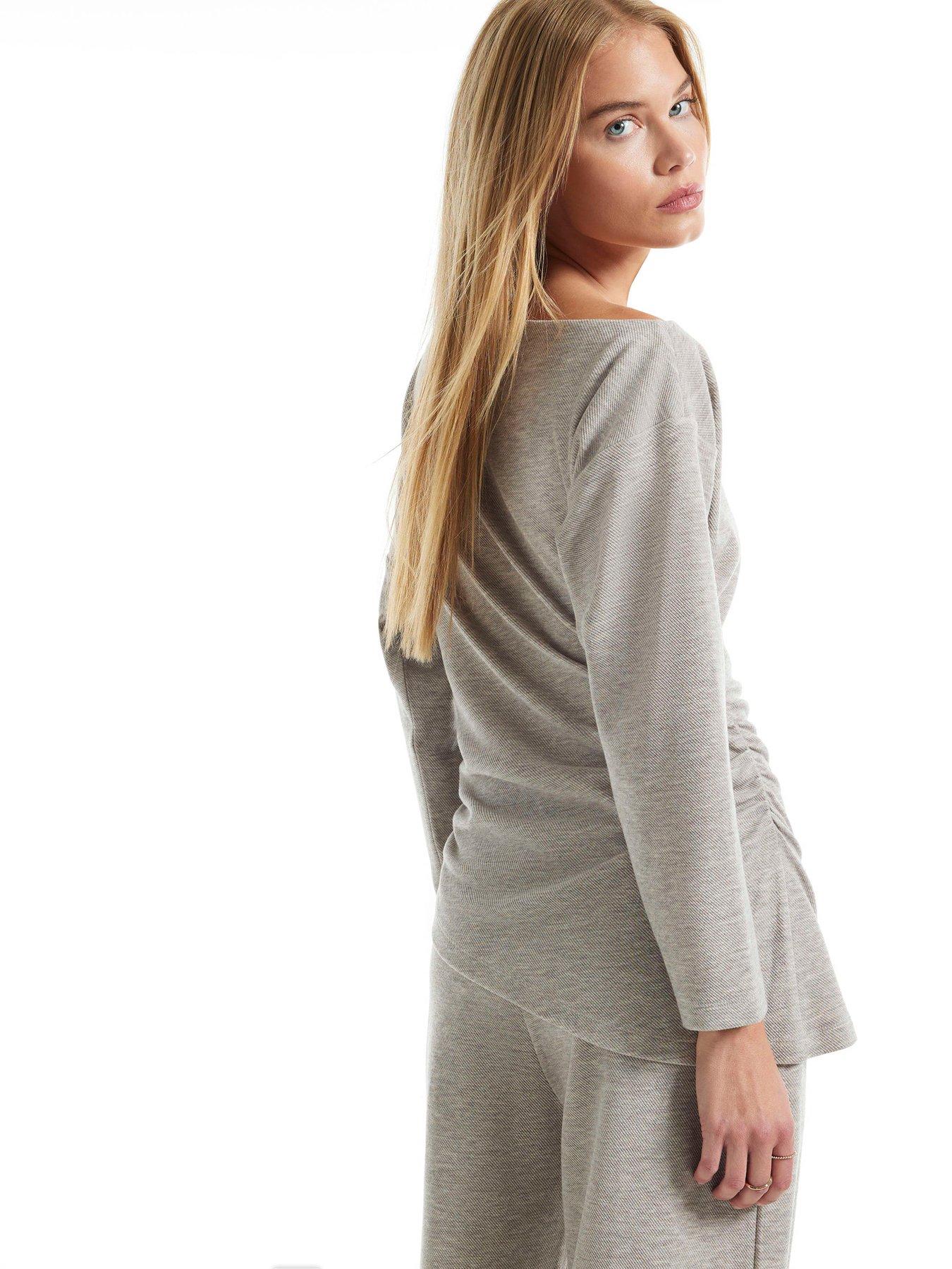 Image 2 of 6 of River Island Long Sleeve Cosy Off Shoulder Asymmetrical Co-ord Top - Brown