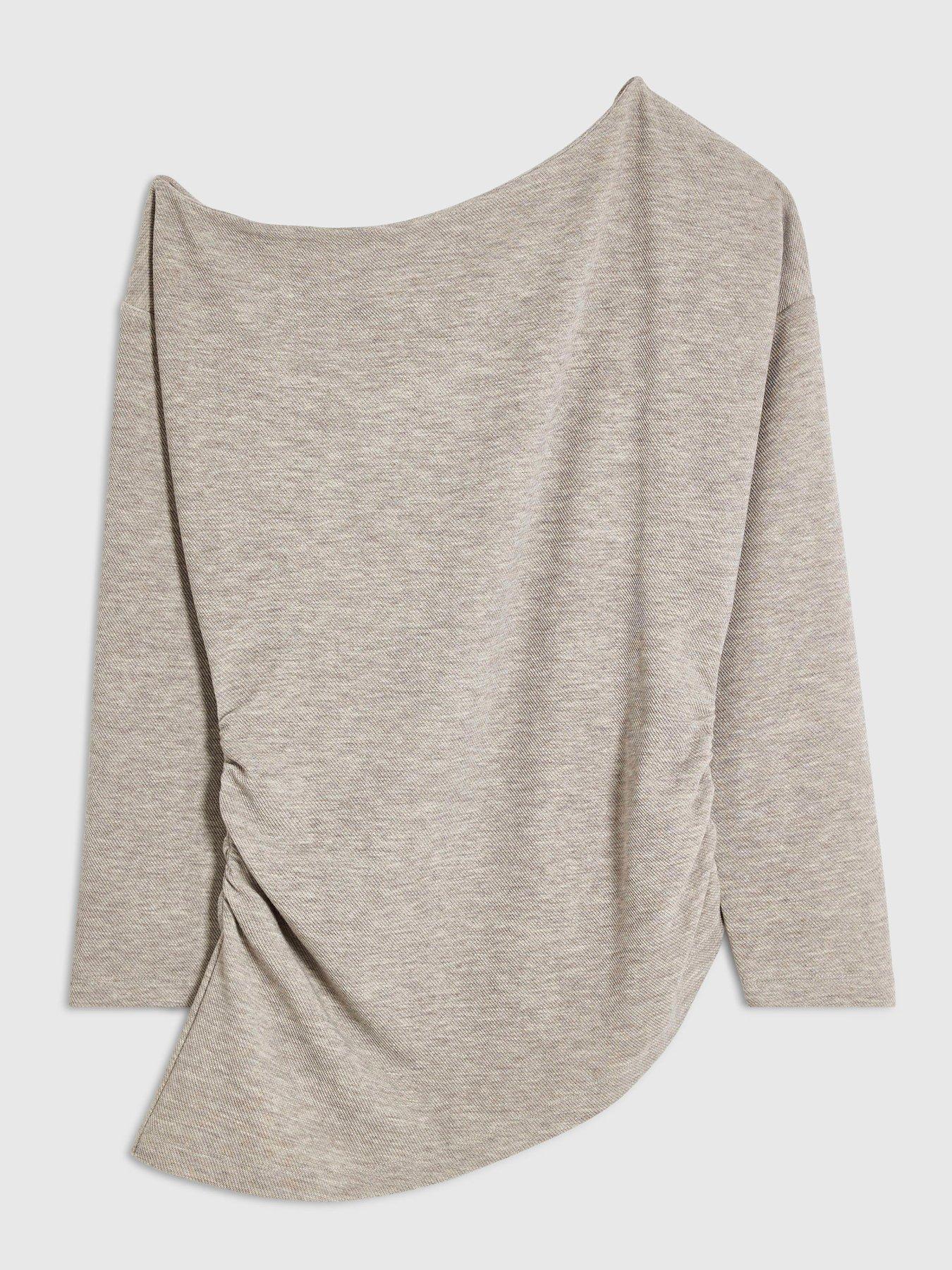 Image 5 of 6 of River Island Long Sleeve Cosy Off Shoulder Asymmetrical Co-ord Top - Brown