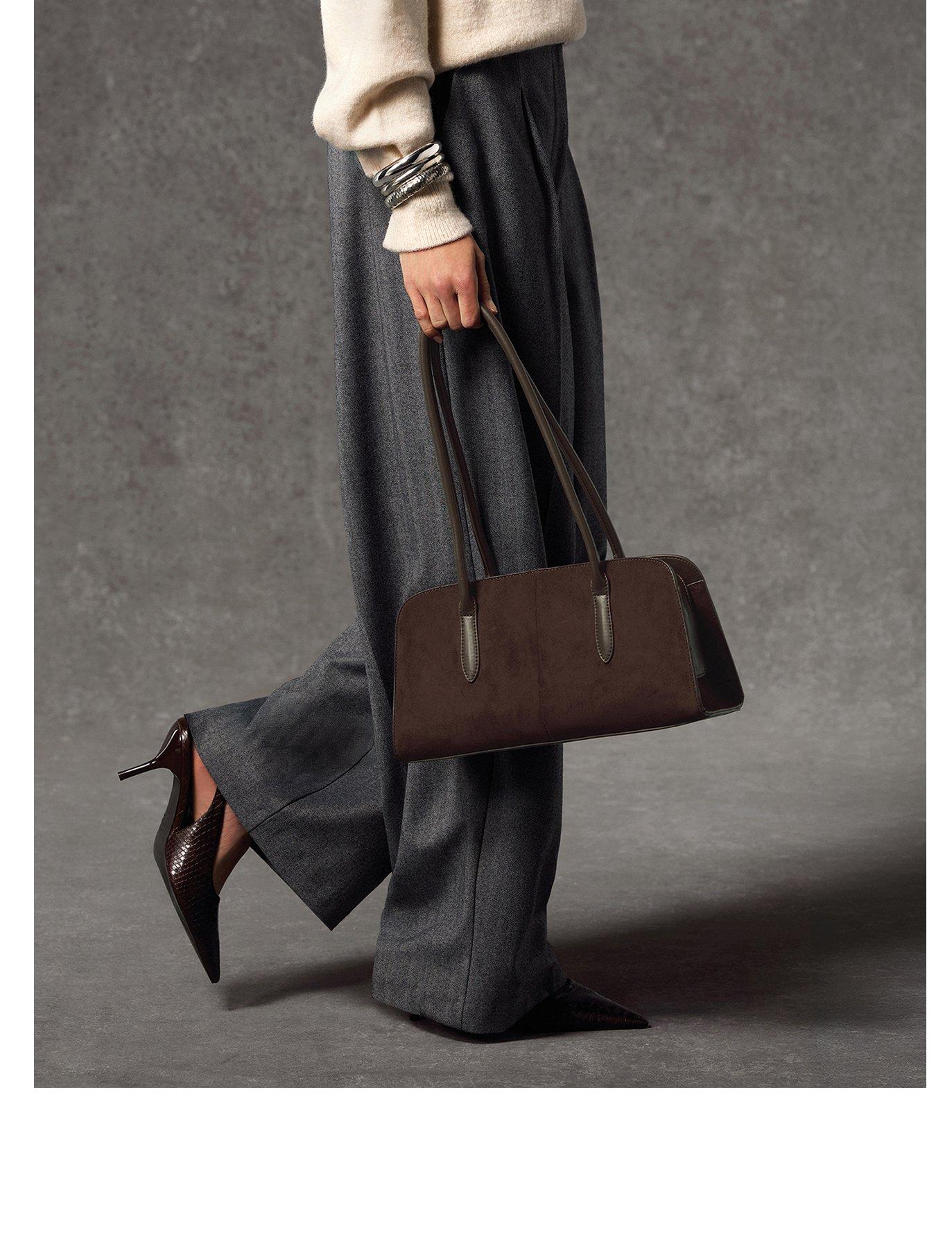 Image 1 of 5 of New Look Womens Mixed Texture Zip-Top Structured Shoulder Bag - Brown