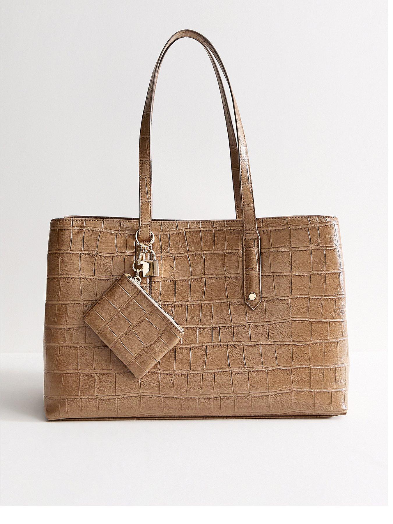New Look Camel Faux Leather Crocodile Embossed Triple Compartment Shopper Tote Bag