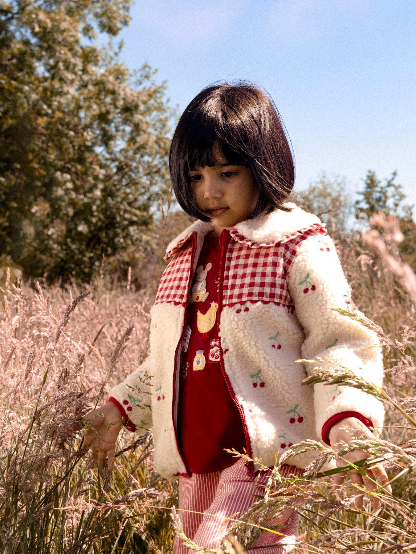 Image 1 of 5 of JoJo Maman Bebe Toddler Girls Cherry Embroidered Gingham Fleece Jacket - Red