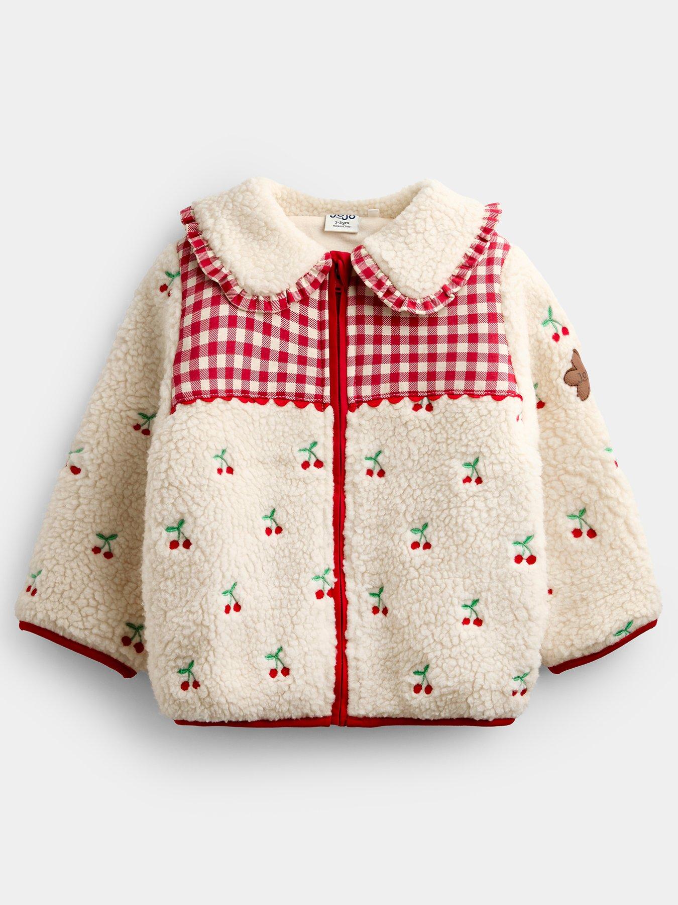 Image 2 of 5 of JoJo Maman Bebe Toddler Girls Cherry Embroidered Gingham Fleece Jacket - Red