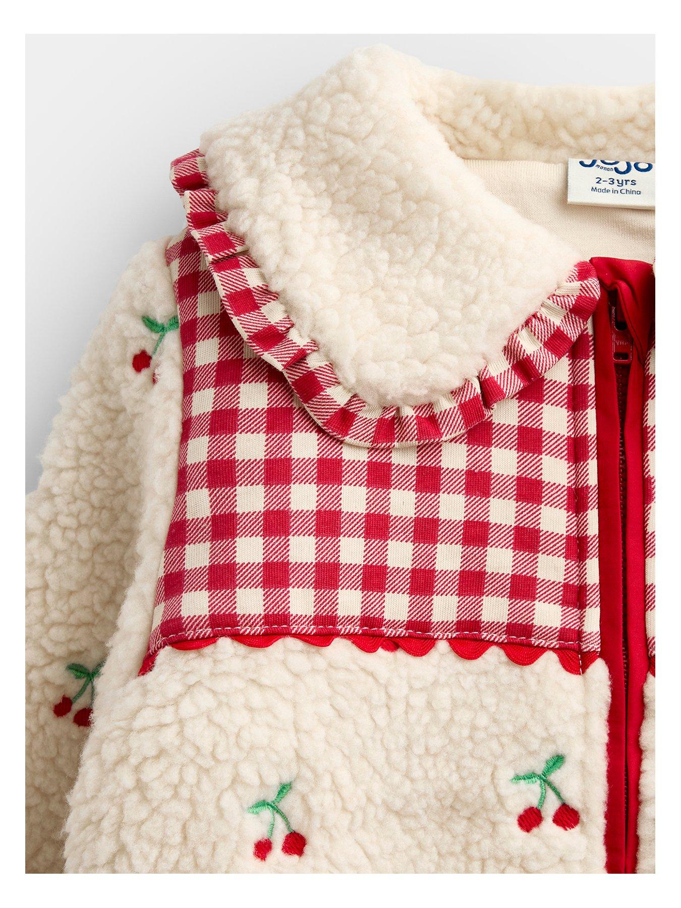 Image 3 of 5 of JoJo Maman Bebe Toddler Girls Cherry Embroidered Gingham Fleece Jacket - Red