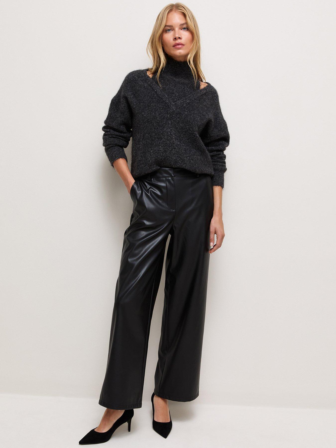 Image 1 of 6 of New Look Womens Faux Leather Wide Leg Trousers - Black