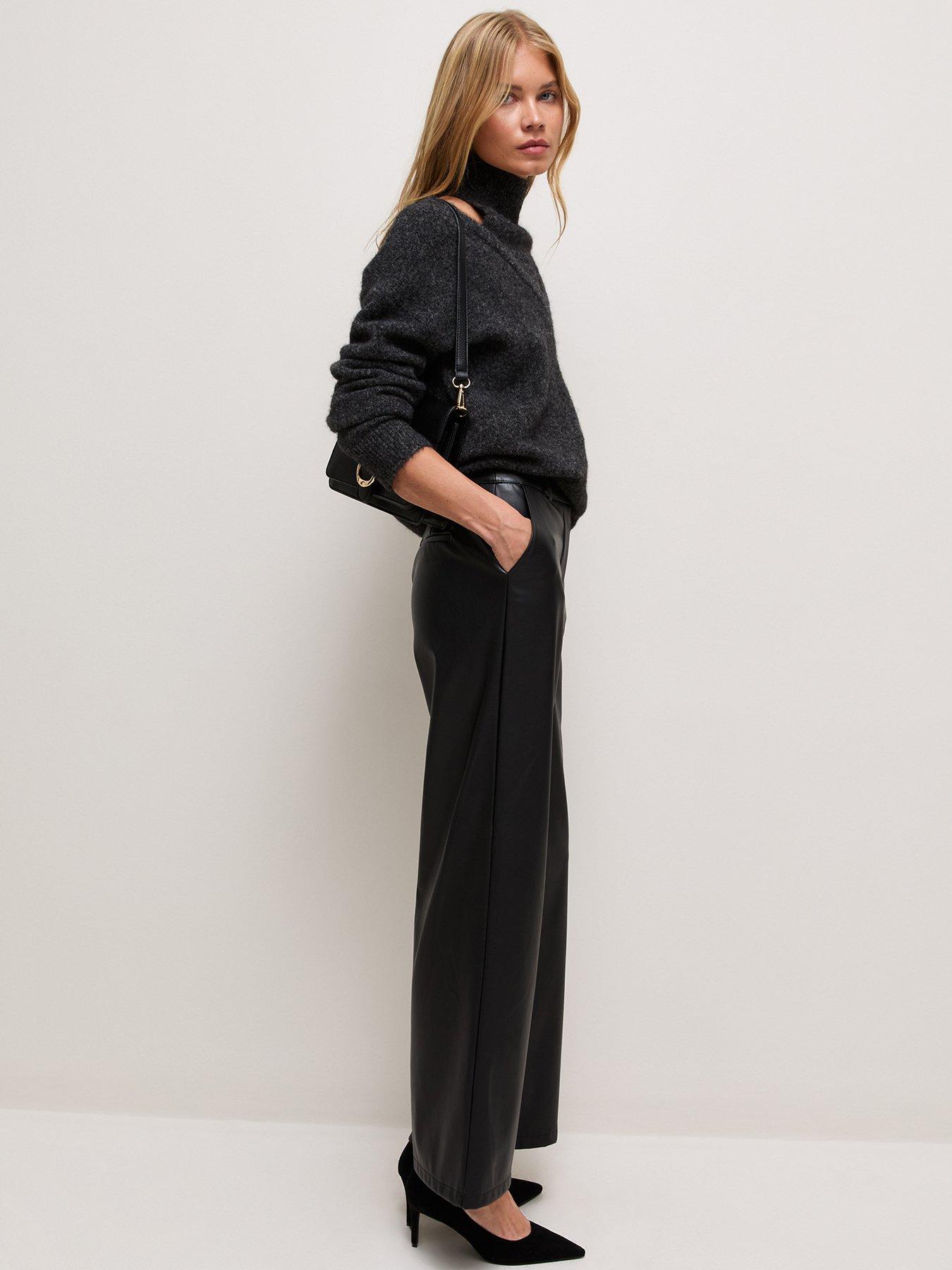 Image 3 of 6 of New Look Womens Faux Leather Wide Leg Trousers - Black