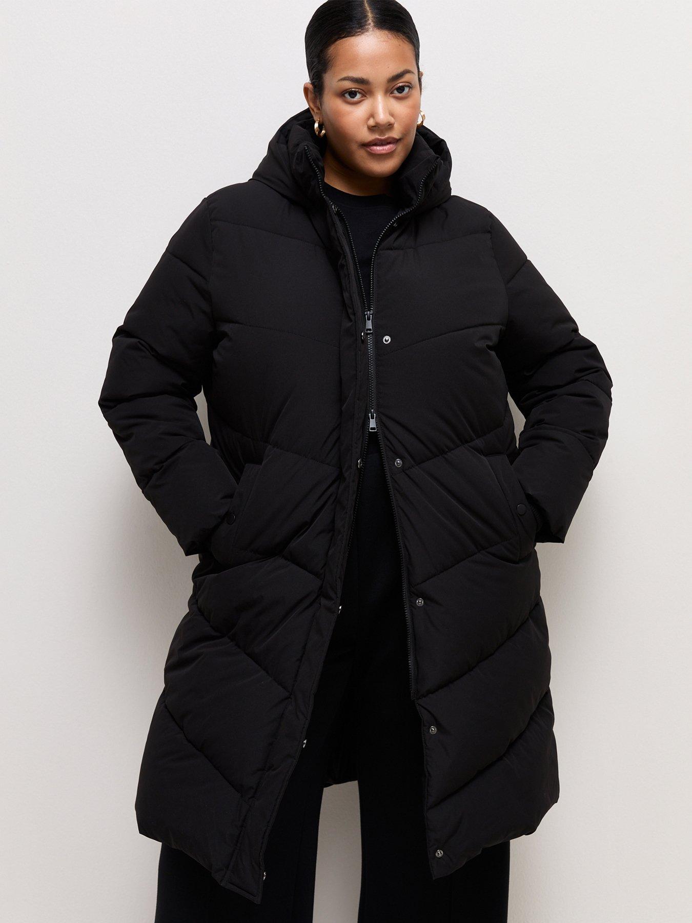 Image 1 of 5 of New Look Womens Curve Longline Hooded Quilted Puffer Jacket - Black