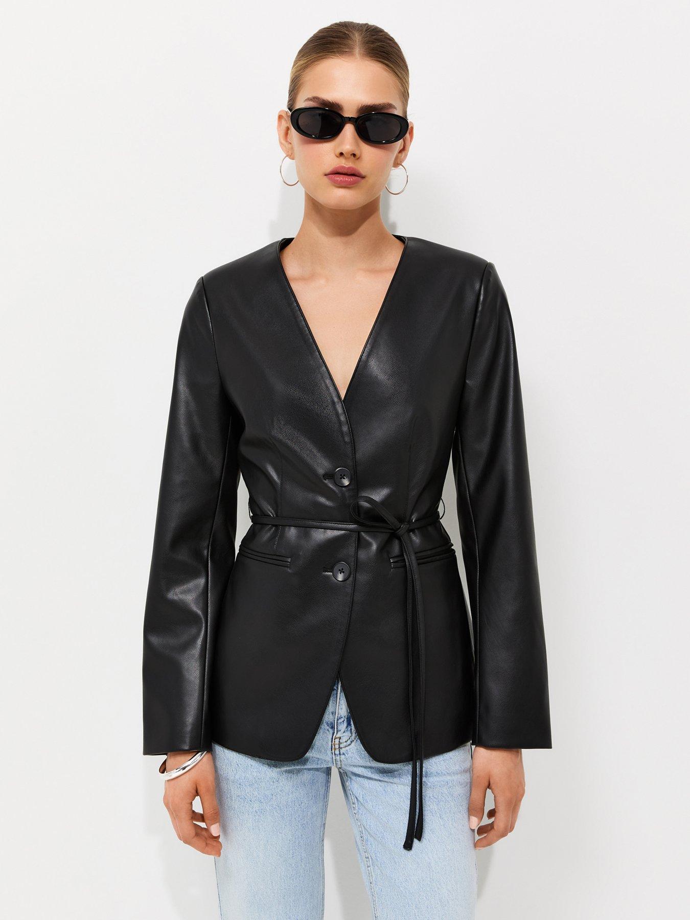 New Look Faux Leather Collarless Tie Waist Blazer - Black