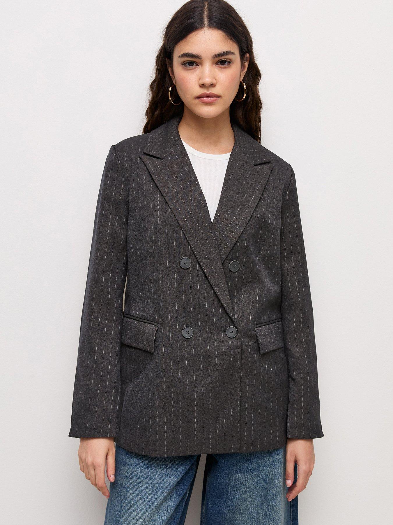 Image 1 of 6 of New Look Womens Pinstripe Double Breasted Blazer - Grey