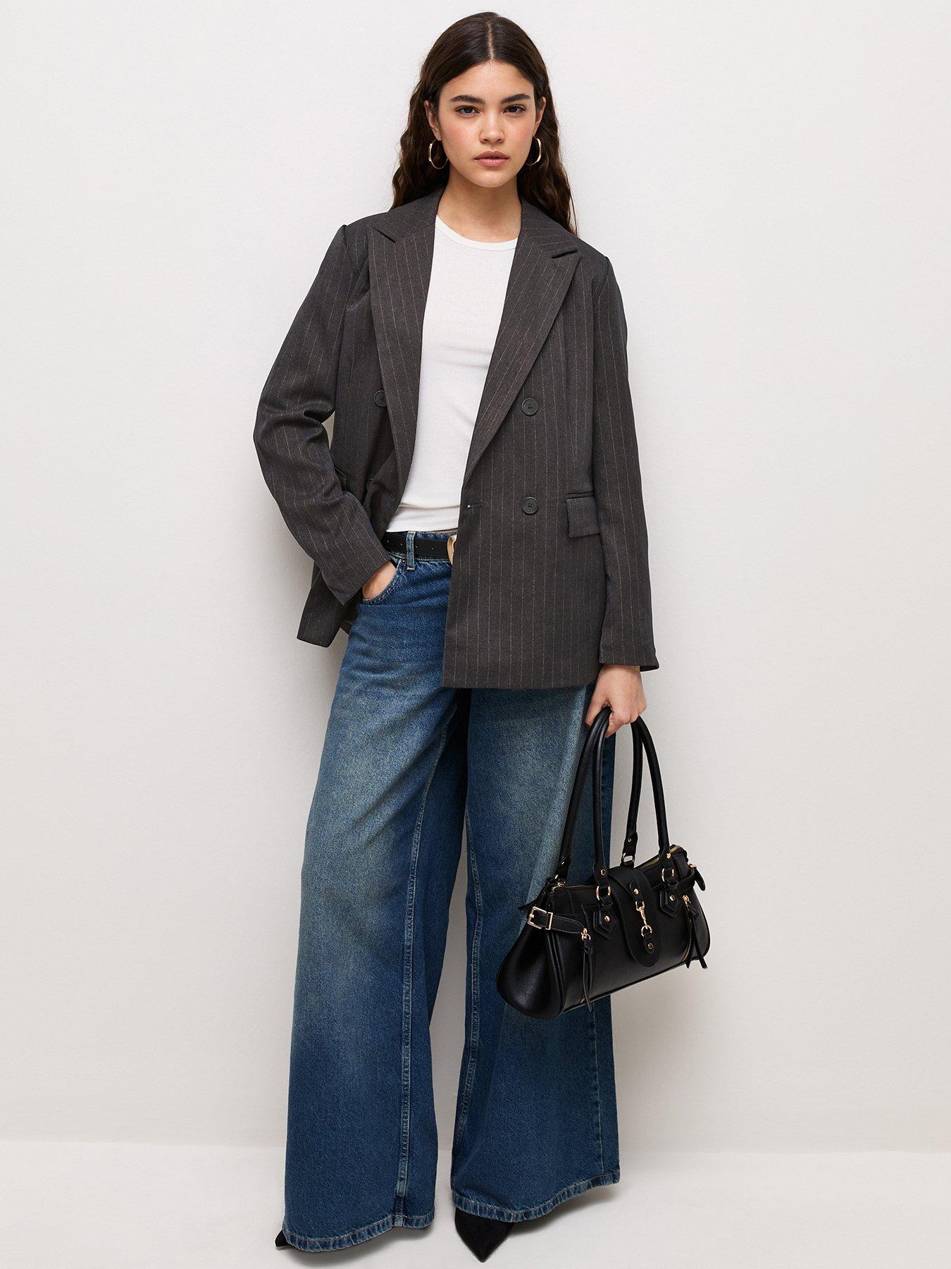 Image 4 of 6 of New Look Womens Pinstripe Double Breasted Blazer - Grey