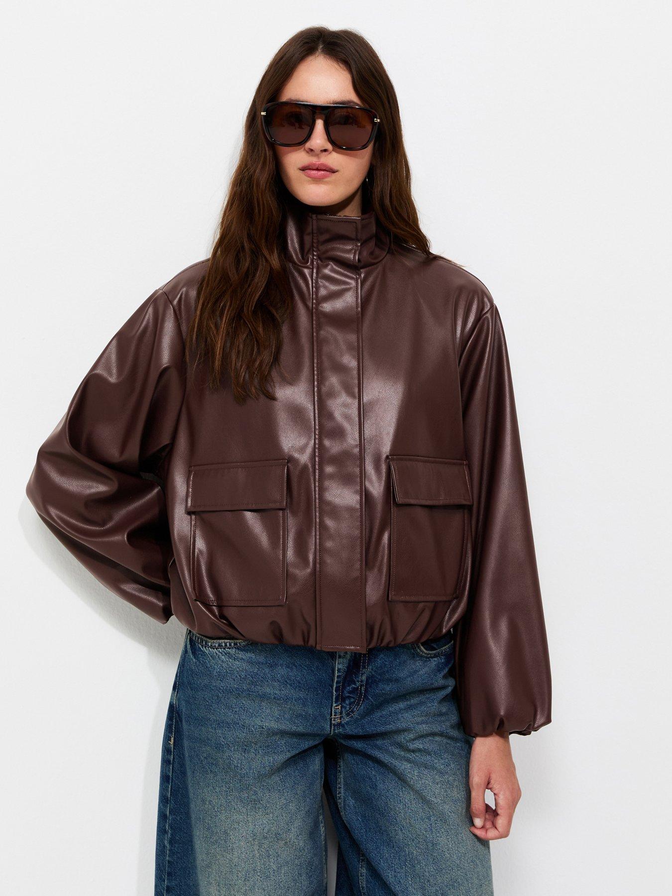 New Look Faux Leather High Neck Jacket - Brown