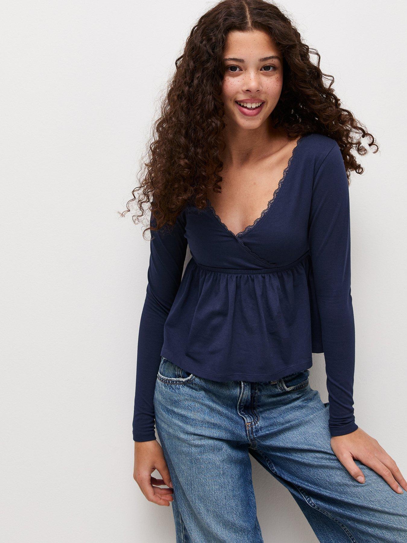 Image 1 of 6 of New Look 915 Girls Wrap Lace Trim Long Sleeve Top&nbsp;- Navy