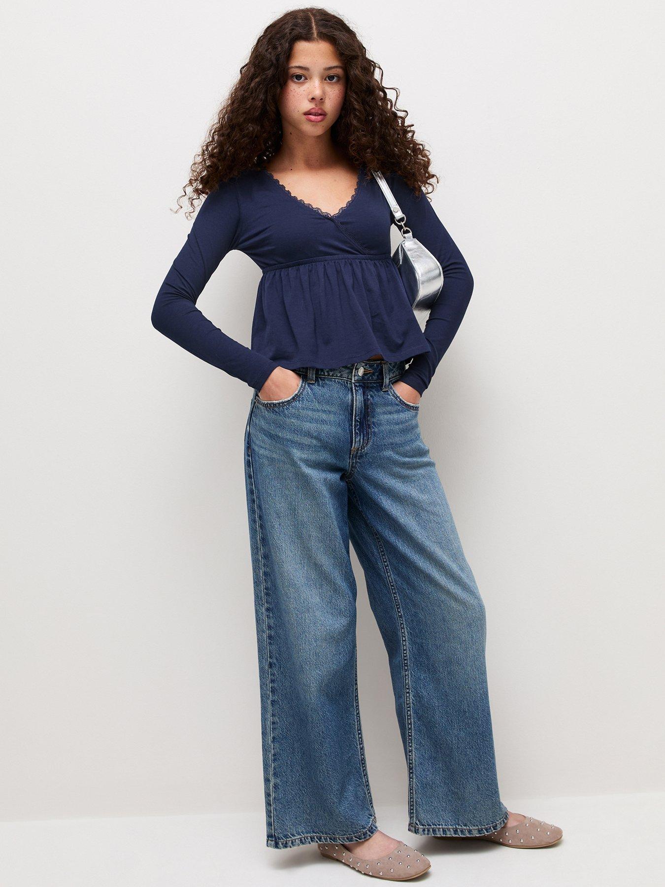 Image 3 of 6 of New Look 915 Girls Wrap Lace Trim Long Sleeve Top&nbsp;- Navy
