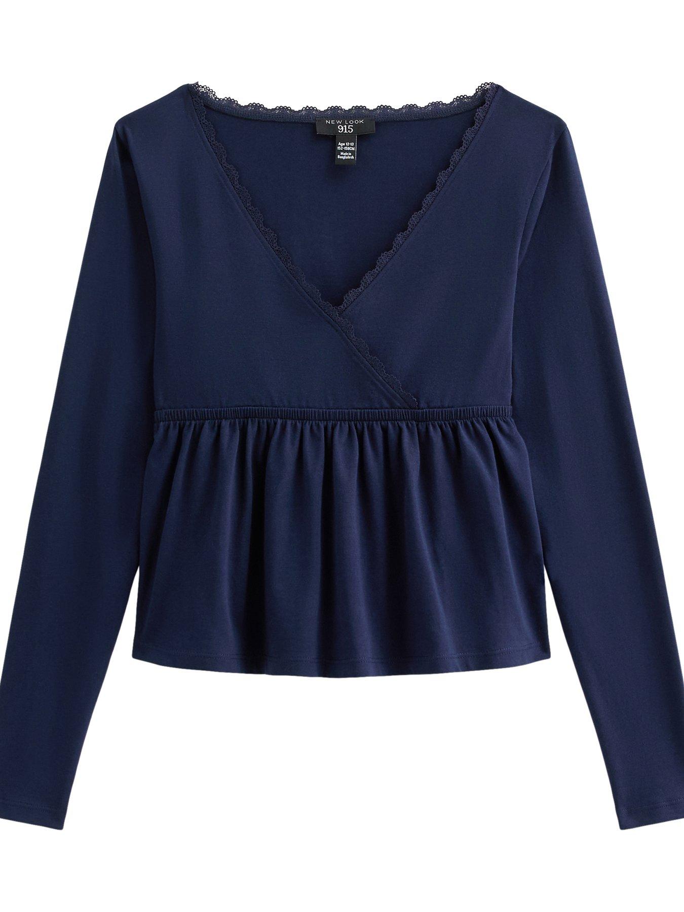 Image 6 of 6 of New Look 915 Girls Wrap Lace Trim Long Sleeve Top&nbsp;- Navy