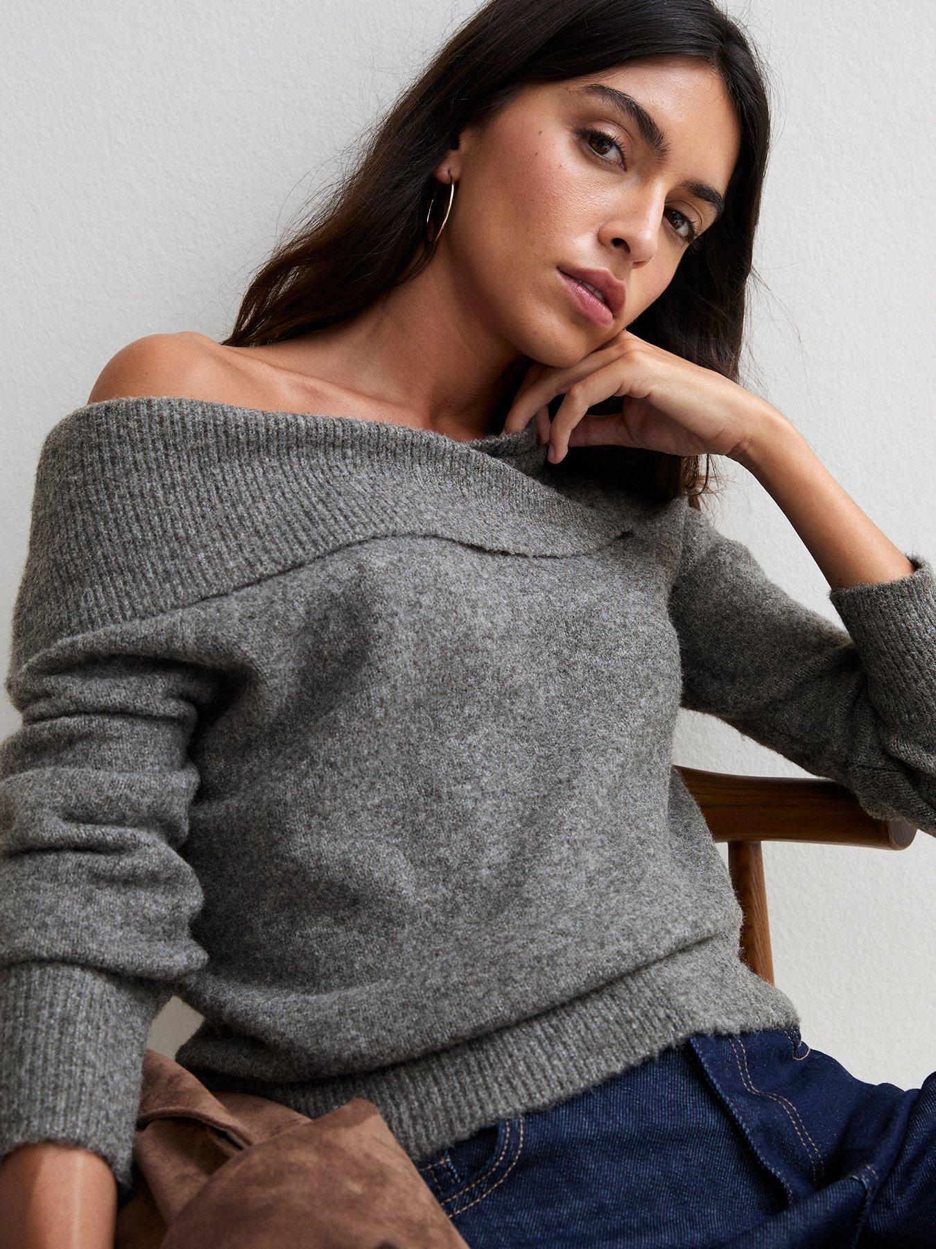 Image 5 of 6 of New Look Womens Wrap Over Bardot Neck Jumper - Grey