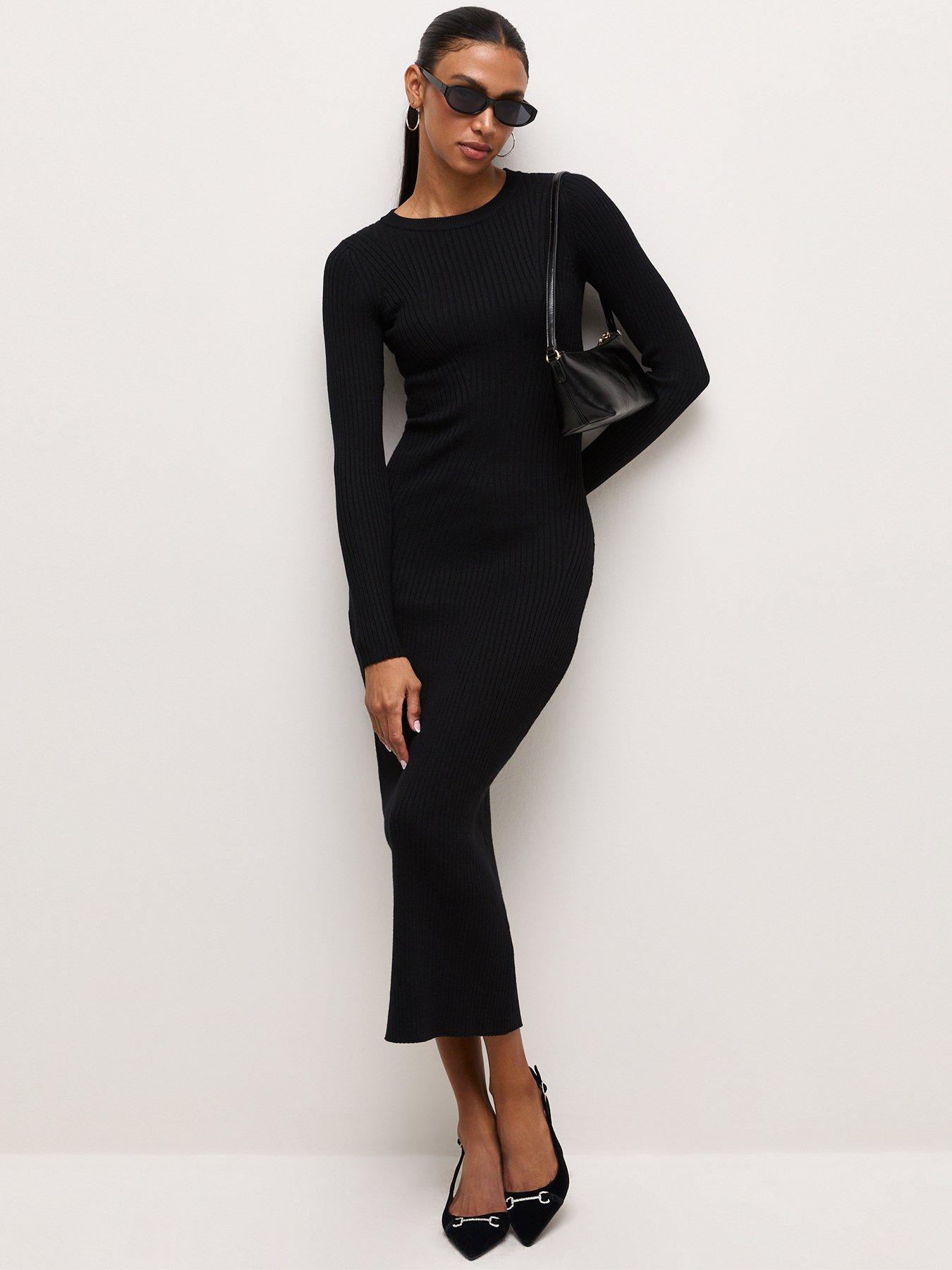 New Look Womens Ribbed Knit Long Sleeve Midi Dress - Black