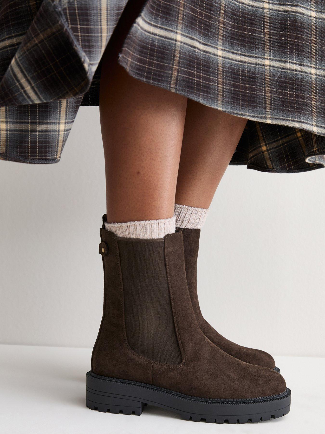 New Look Dark Brown Faux Suede Chunky Sole Chelsea Boots