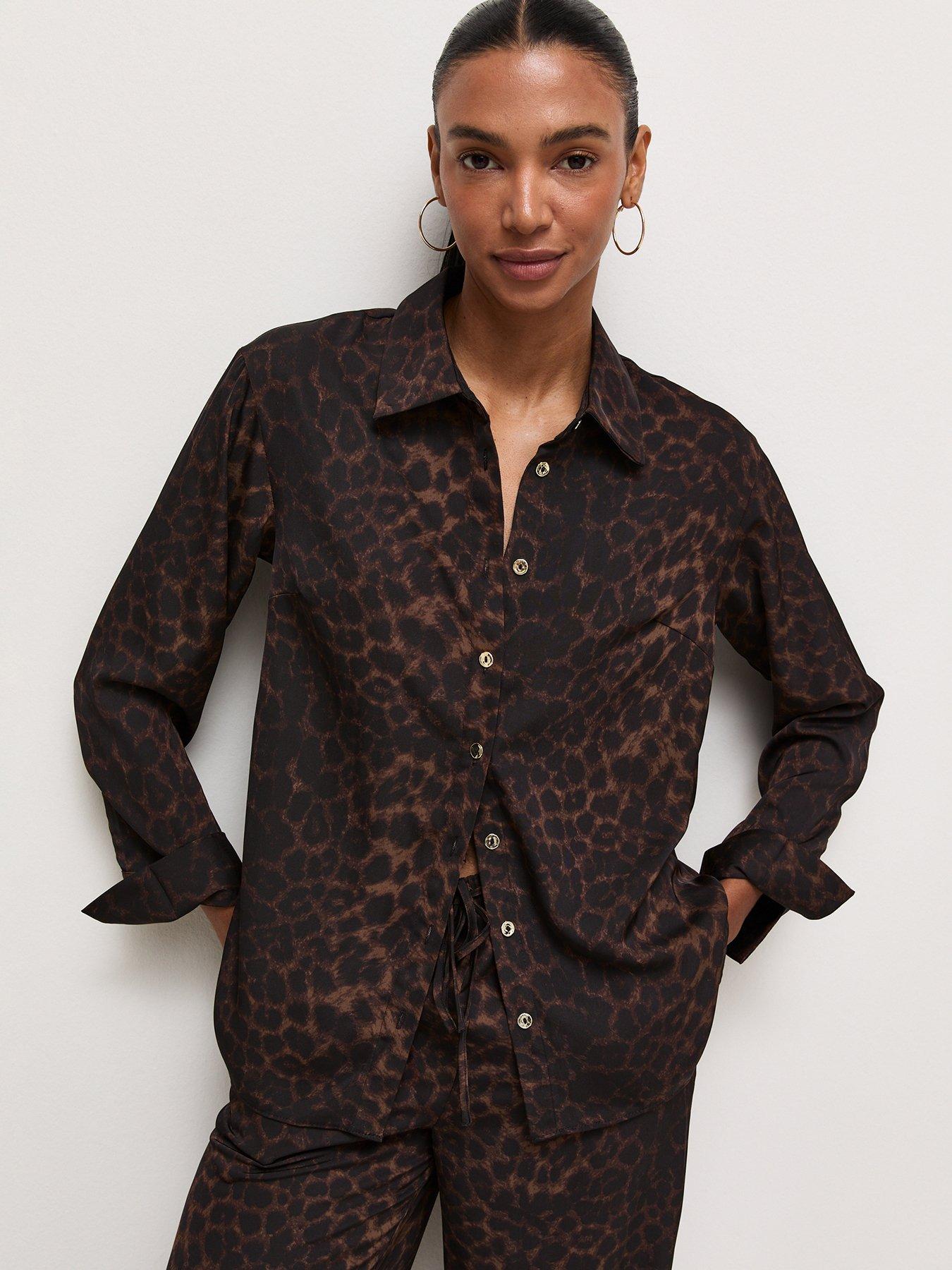 Image 1 of 6 of New Look Womens Oversized Leopard Print Shirt - Brown