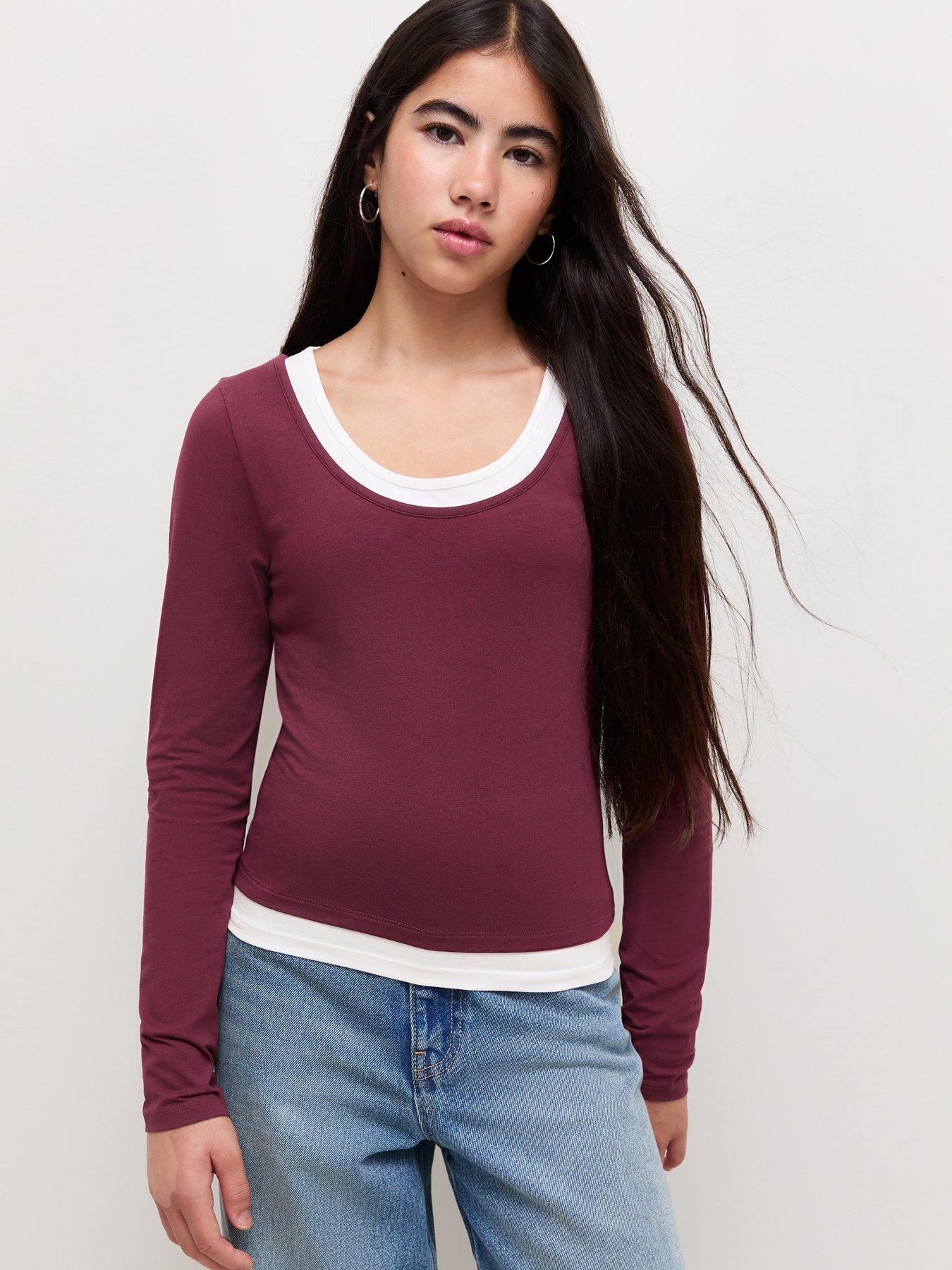 Image 1 of 5 of New Look 915 Girls 2 In 1 Scoop Layer Long Sleeve Top - Dark Red
