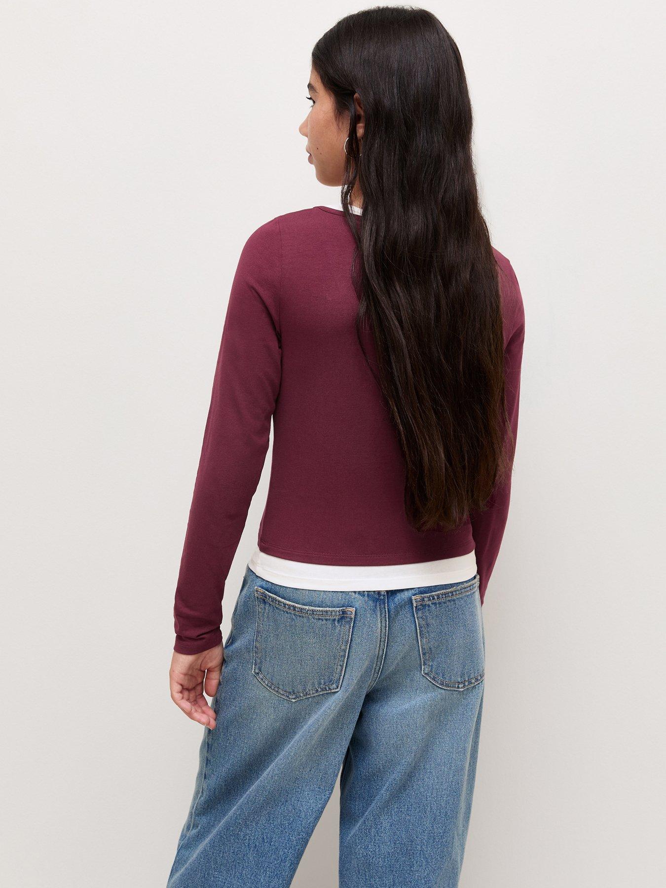 Image 2 of 5 of New Look 915 Girls 2 In 1 Scoop Layer Long Sleeve Top - Dark Red