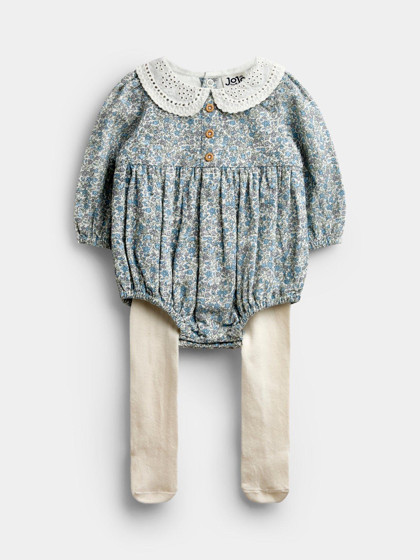 JoJo Maman Bebe Baby Girls Floral Bubble Romper  &  Tights Set - Blue