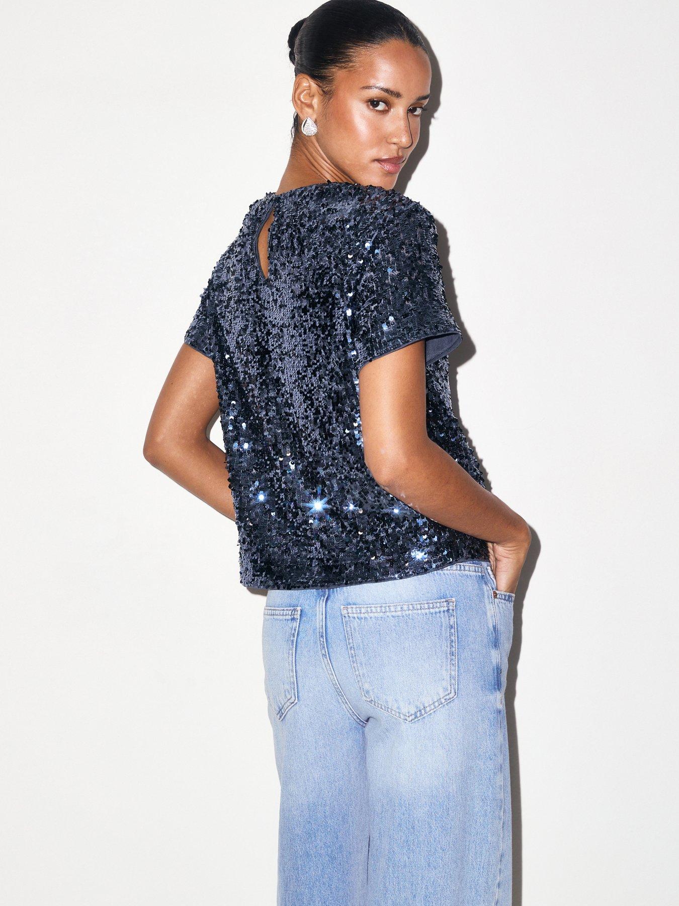 Image 2 of 7 of New Look Womens All-Over Sequin Classic Short Sleeve T-Shirt - Blue