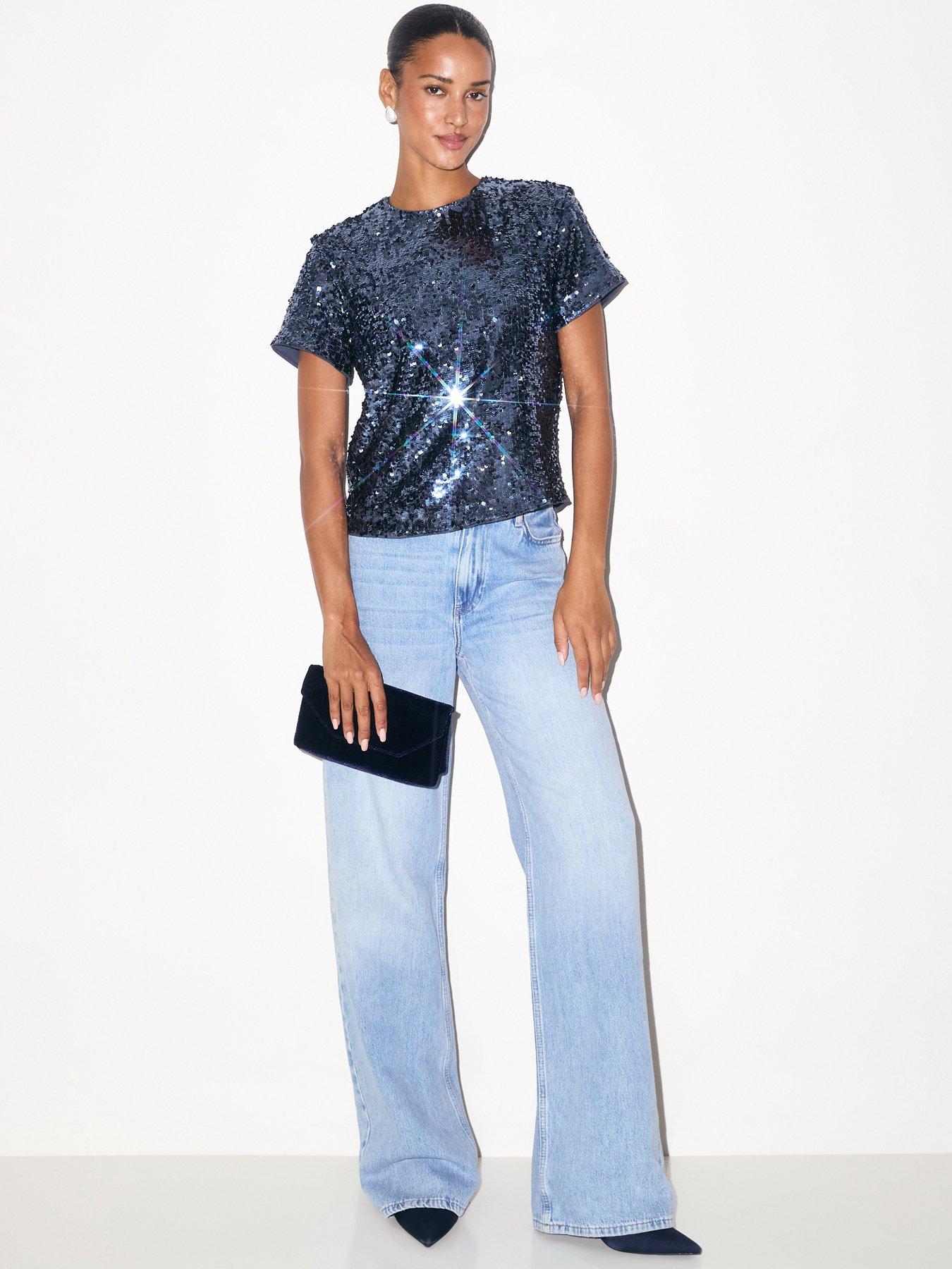 Image 3 of 7 of New Look Womens All-Over Sequin Classic Short Sleeve T-Shirt - Blue