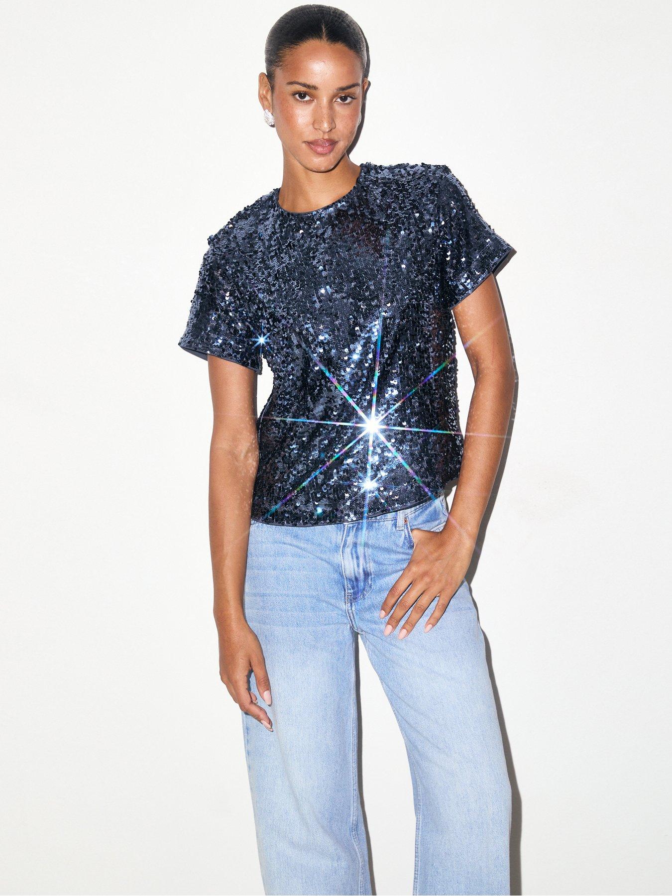 Image 5 of 7 of New Look Womens All-Over Sequin Classic Short Sleeve T-Shirt - Blue