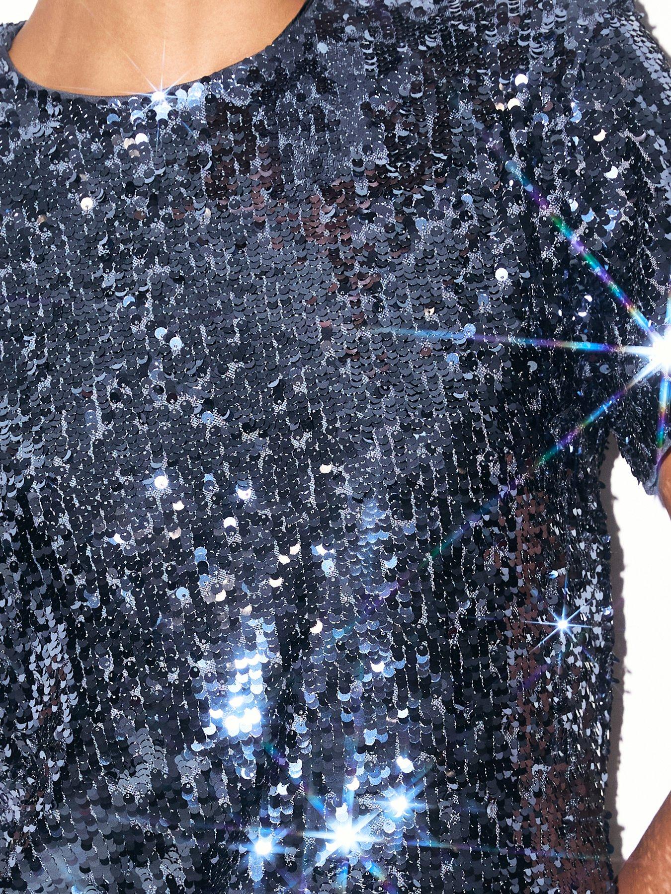 Image 7 of 7 of New Look Womens All-Over Sequin Classic Short Sleeve T-Shirt - Blue