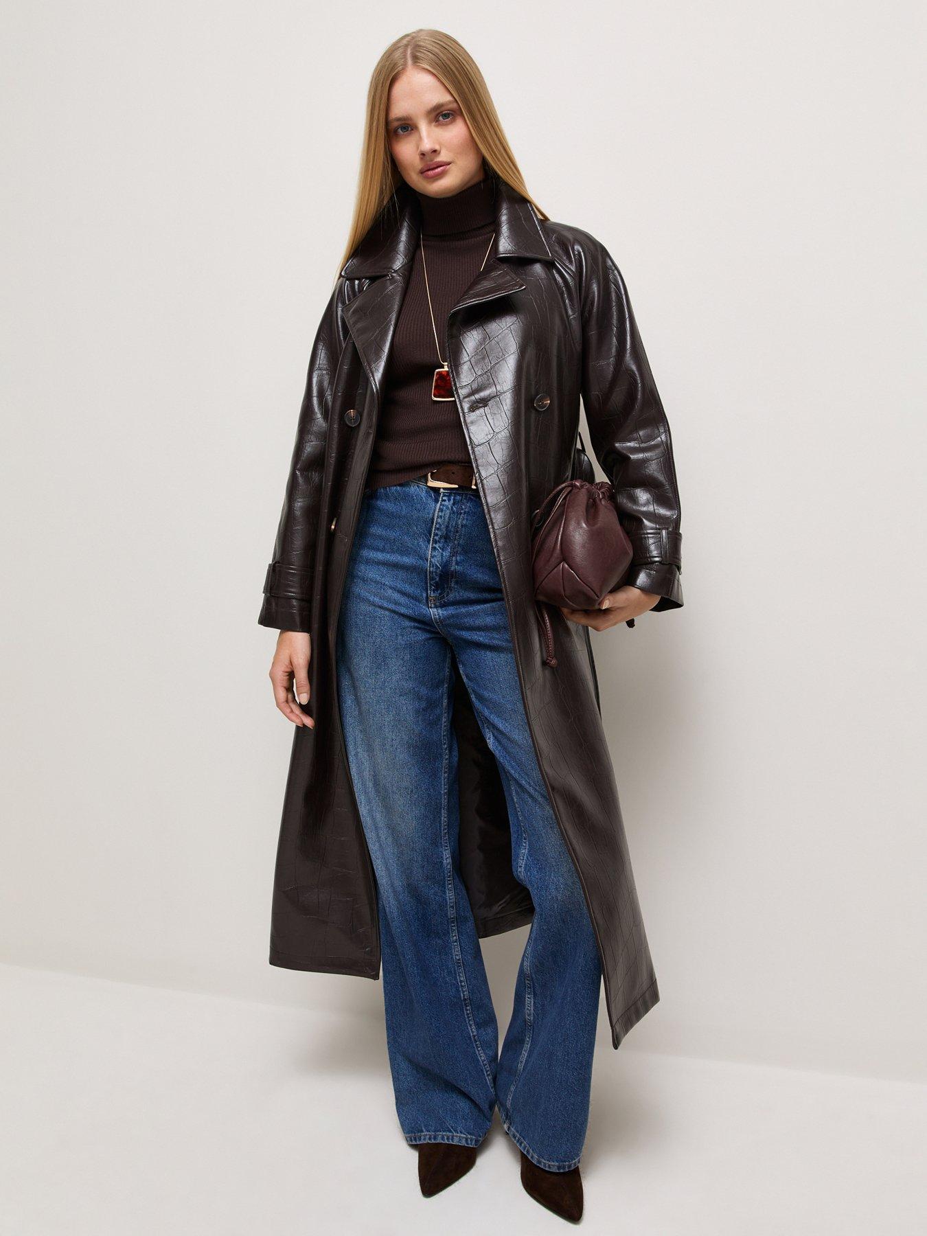 New Look Faux Leather Crocodile Texture Longline Trench Coat - Brown