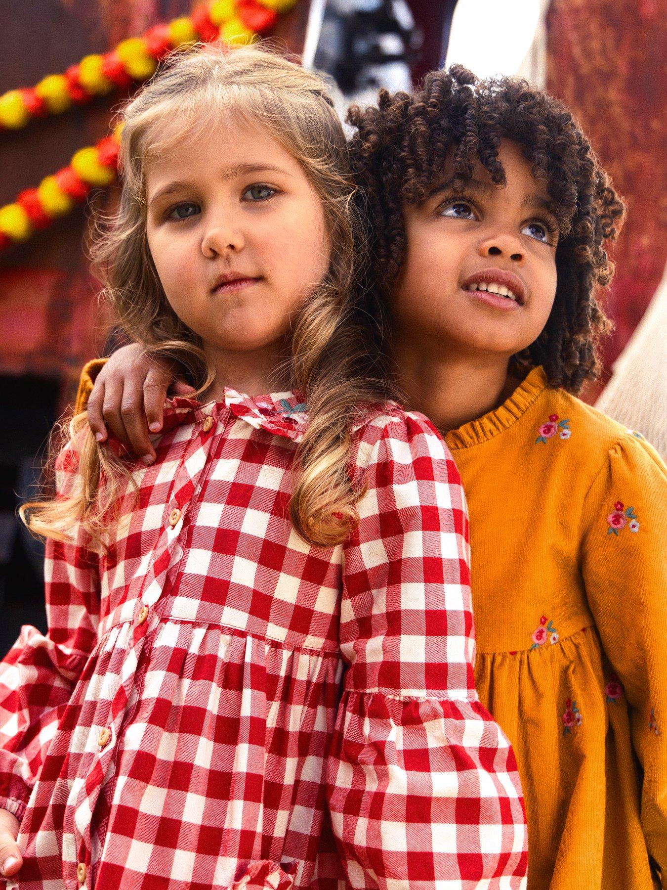 Image 1 of 5 of JoJo Maman Bebe Toddler Girls Embroidered Check Heart Pocket Dress - Red