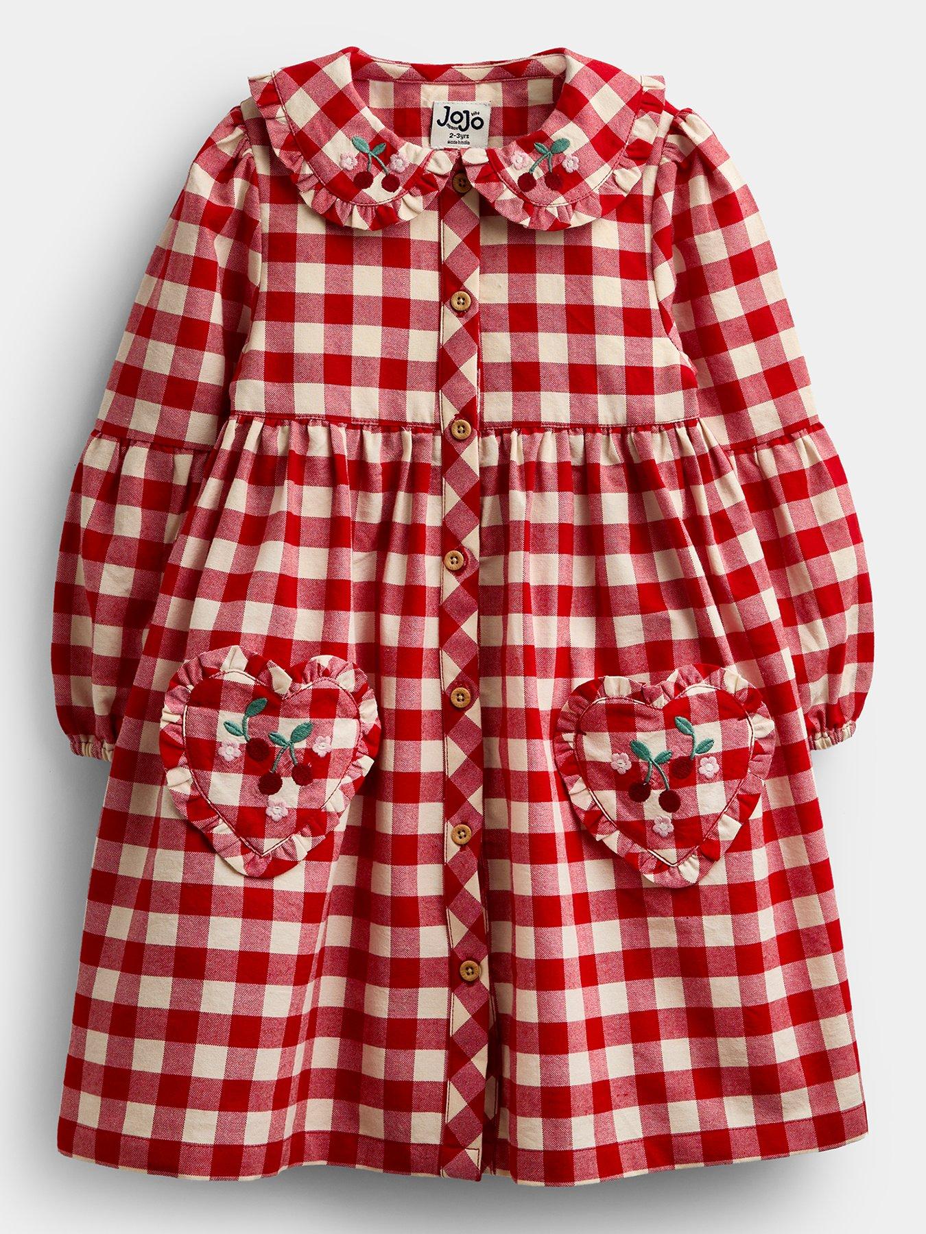 Image 2 of 5 of JoJo Maman Bebe Toddler Girls Embroidered Check Heart Pocket Dress - Red