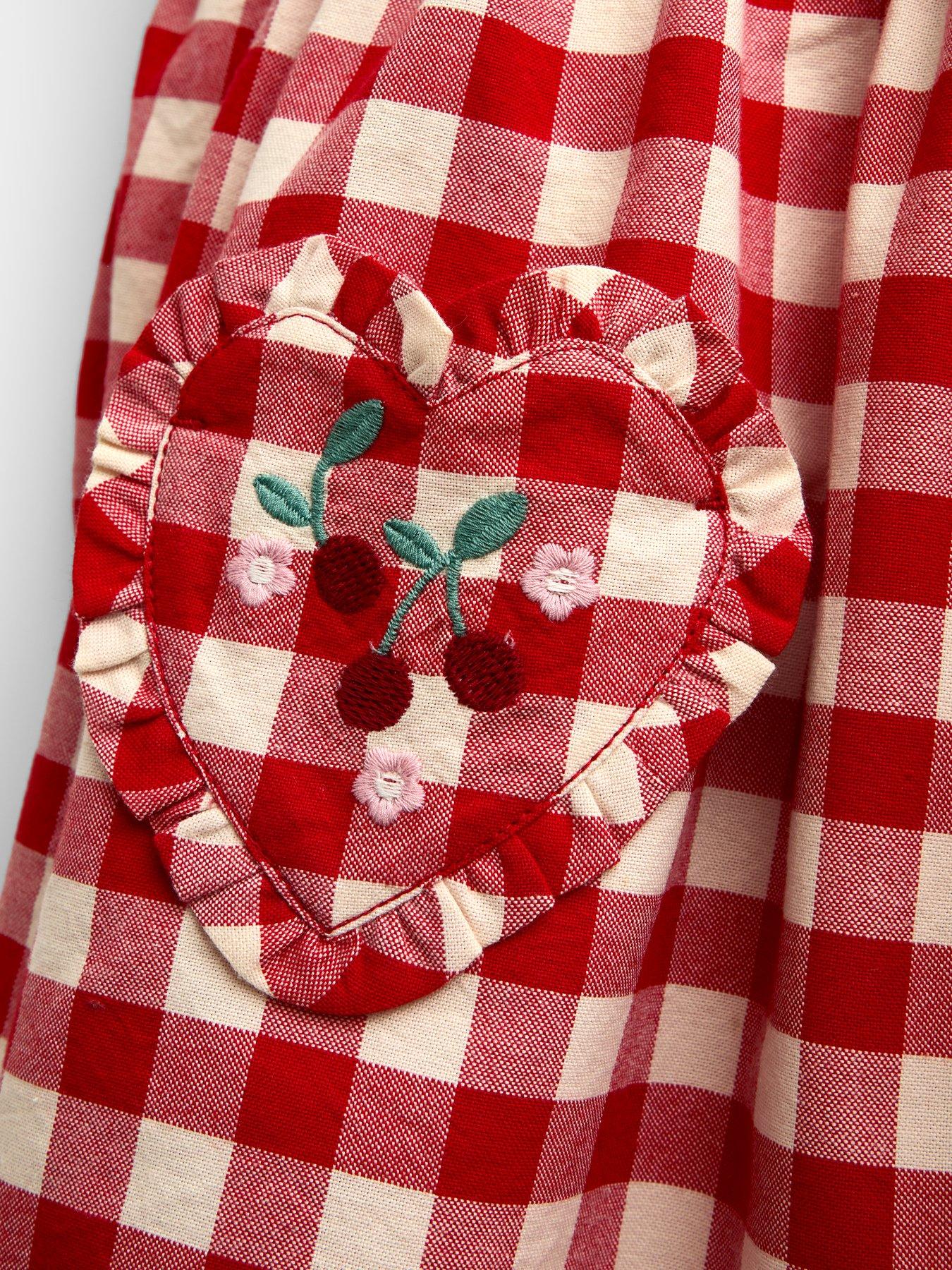 Image 4 of 5 of JoJo Maman Bebe Toddler Girls Embroidered Check Heart Pocket Dress - Red
