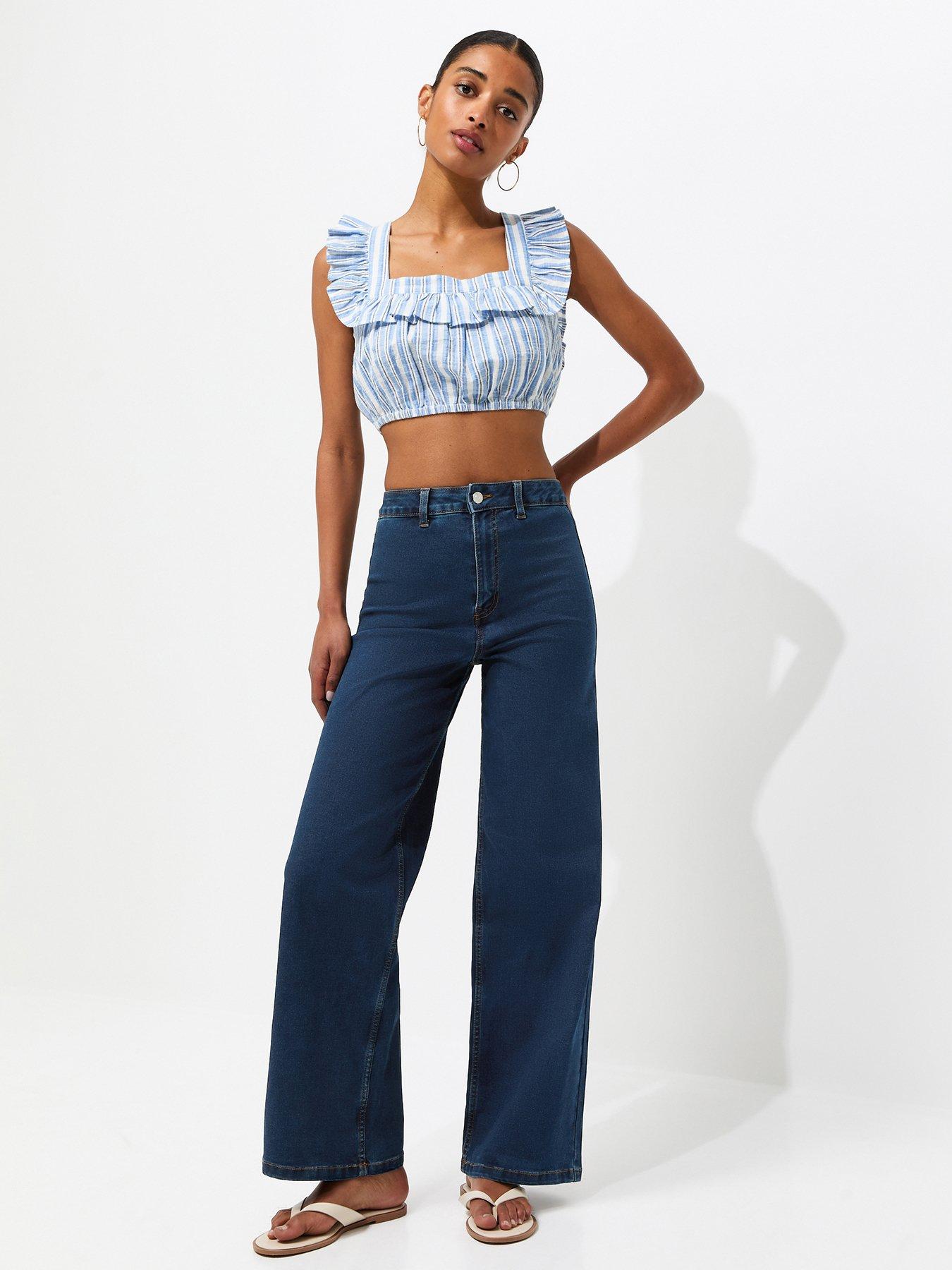 Image 1 of 7 of New Look Womens High Waist Stretch Wide Leg Jeans - Blue