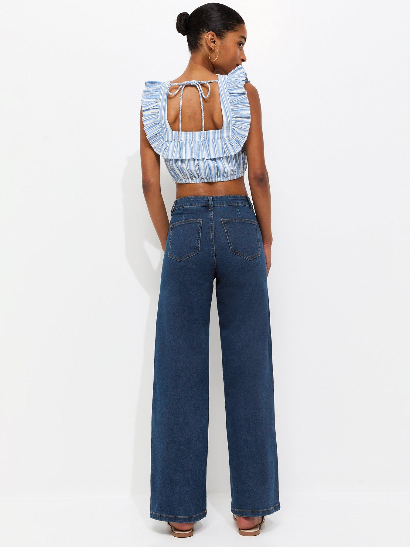 Image 2 of 7 of New Look Womens High Waist Stretch Wide Leg Jeans - Blue