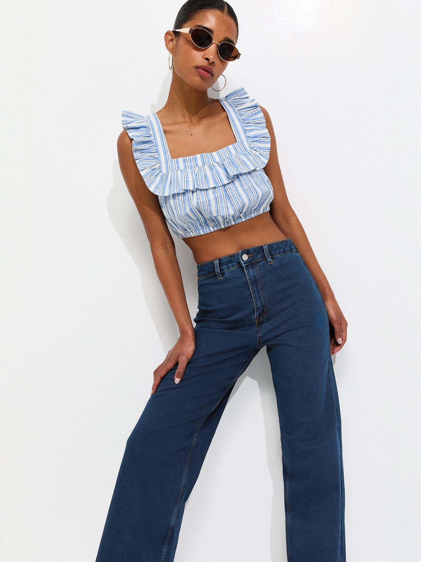 Image 4 of 7 of New Look Womens High Waist Stretch Wide Leg Jeans - Blue