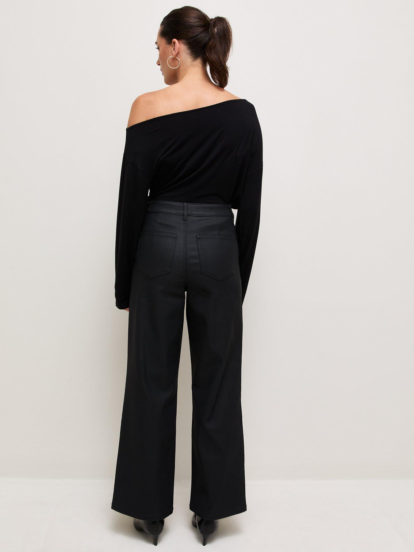 Image 2 of 6 of New Look Womens Coated High Waist Stretch Wide Leg Jeans - Black