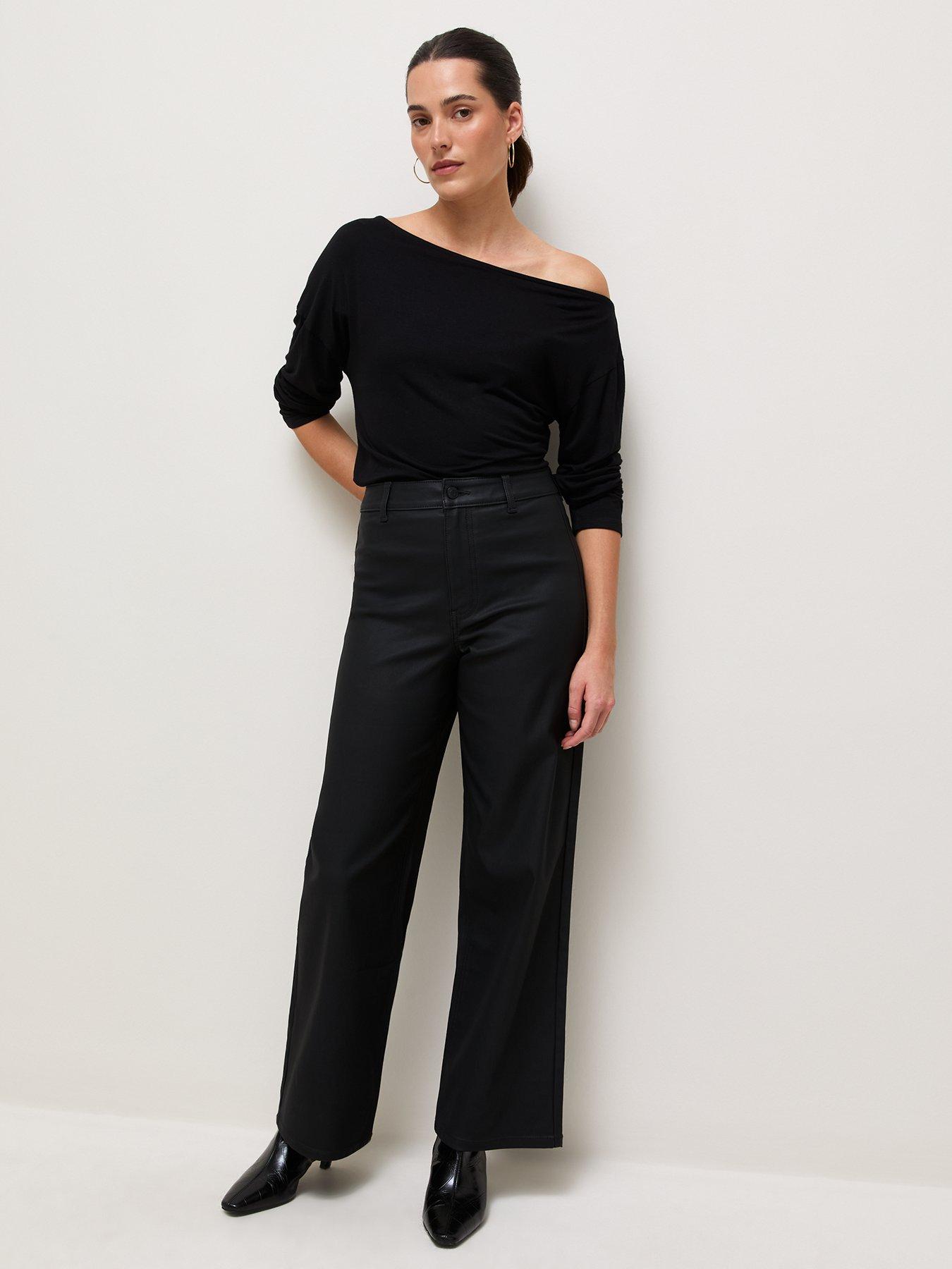 Image 4 of 6 of New Look Womens Coated High Waist Stretch Wide Leg Jeans - Black