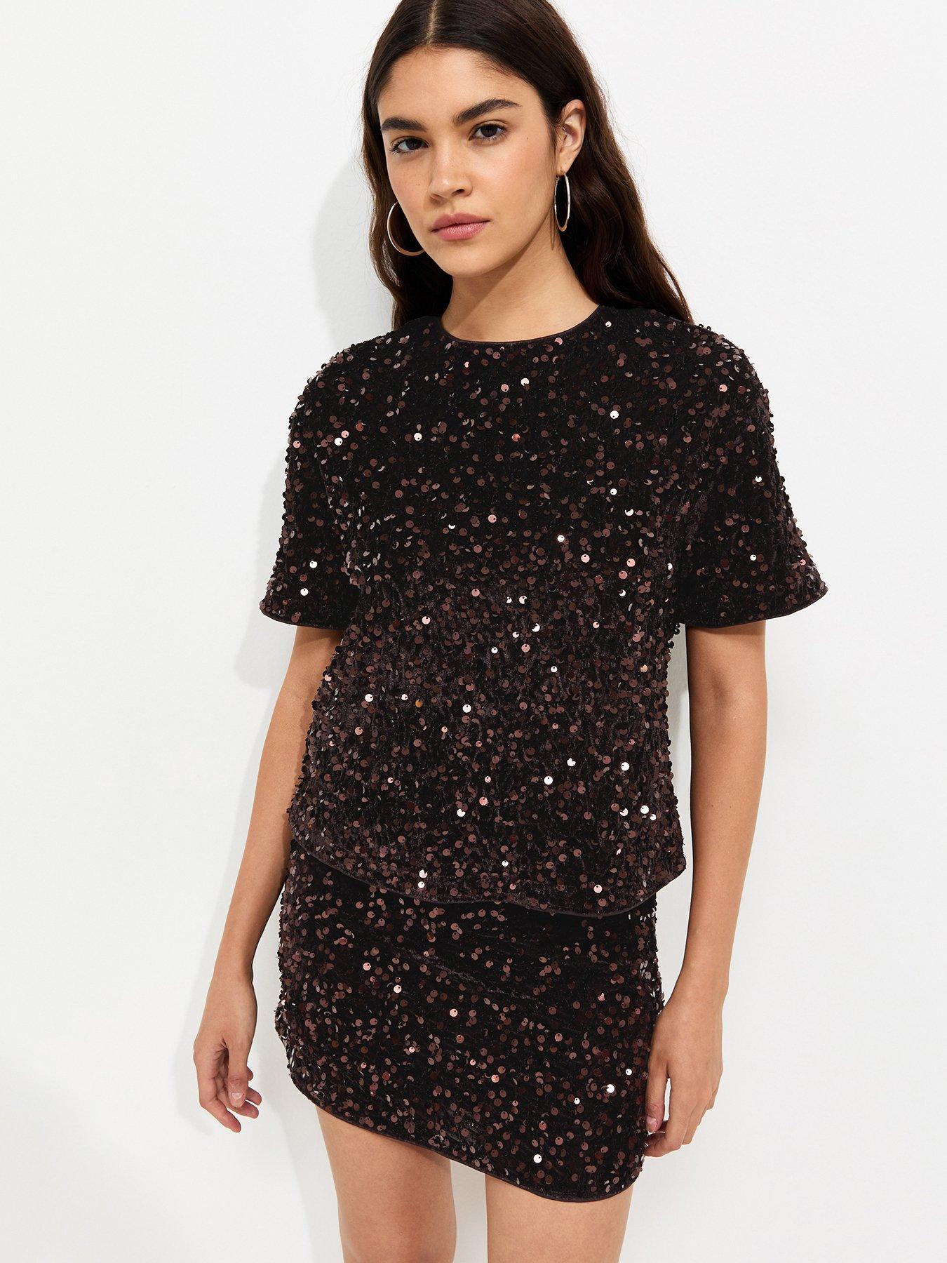 Image 1 of 6 of New Look Dark Brown Sequin Velvet Short Sleeve Top