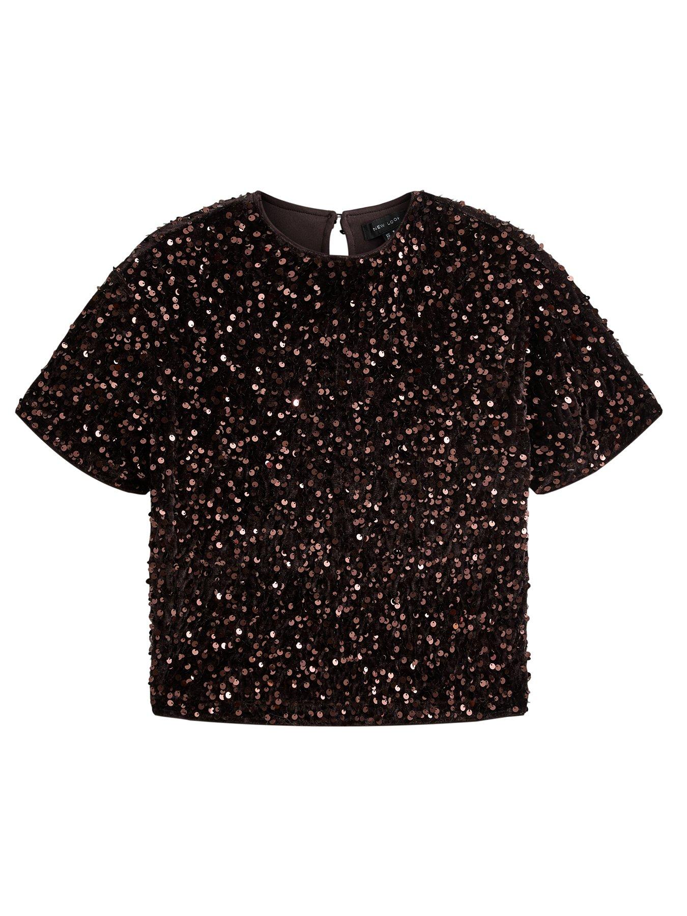 Image 5 of 6 of New Look Dark Brown Sequin Velvet Short Sleeve Top
